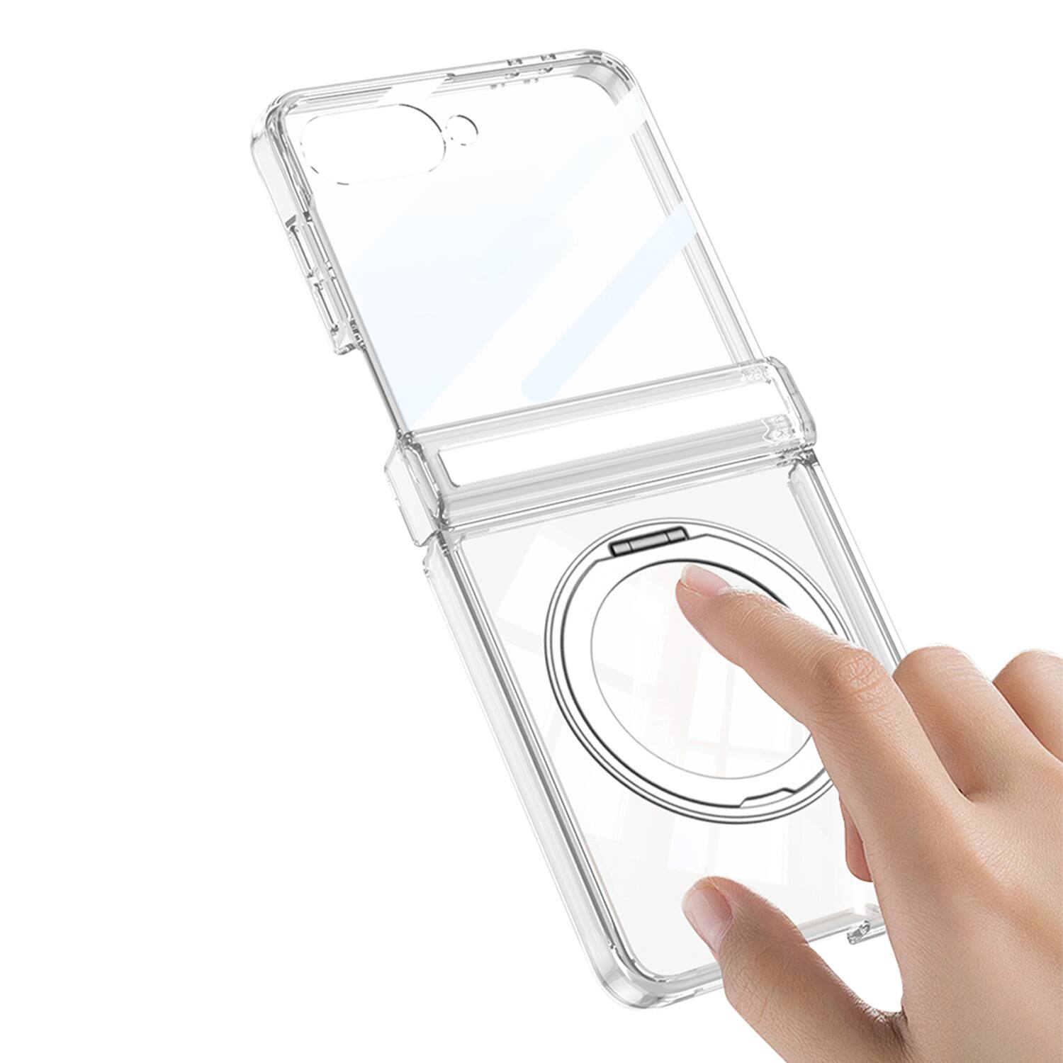 Back. Dteck - for Samsung Galaxy Z Flip8 Magnetic Clear Case,Bulit in Screen Protector,Shockproof Hinge Protection Cover with Stand - Clear.