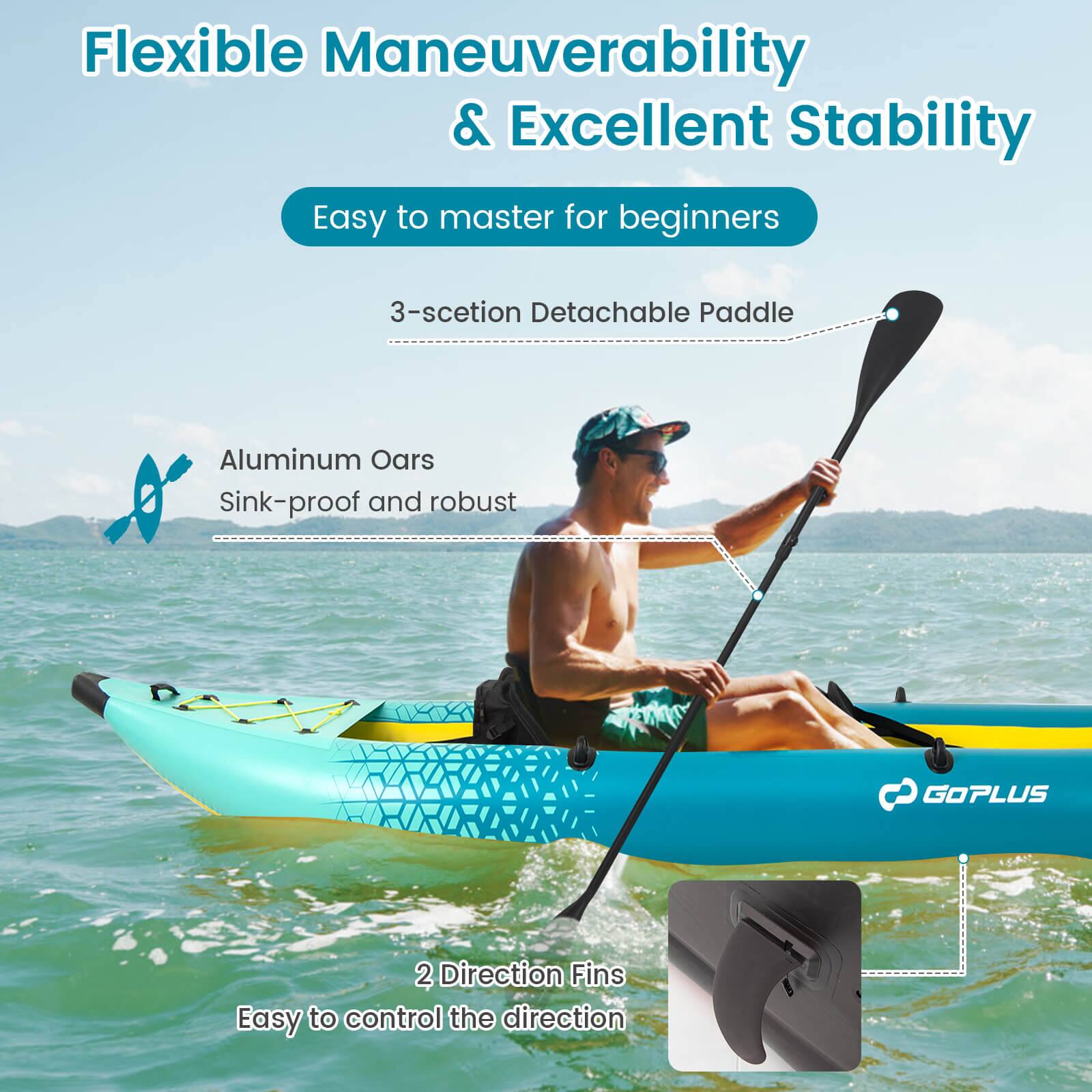 Flexible Maneuverability & Excellent Stability: Easy to master for beginners, 3-section Detachable Paddle, Aluminum Oars, Sink-proof and robust, GOPLUS 2 Direction Fins, Easy to control the direction.