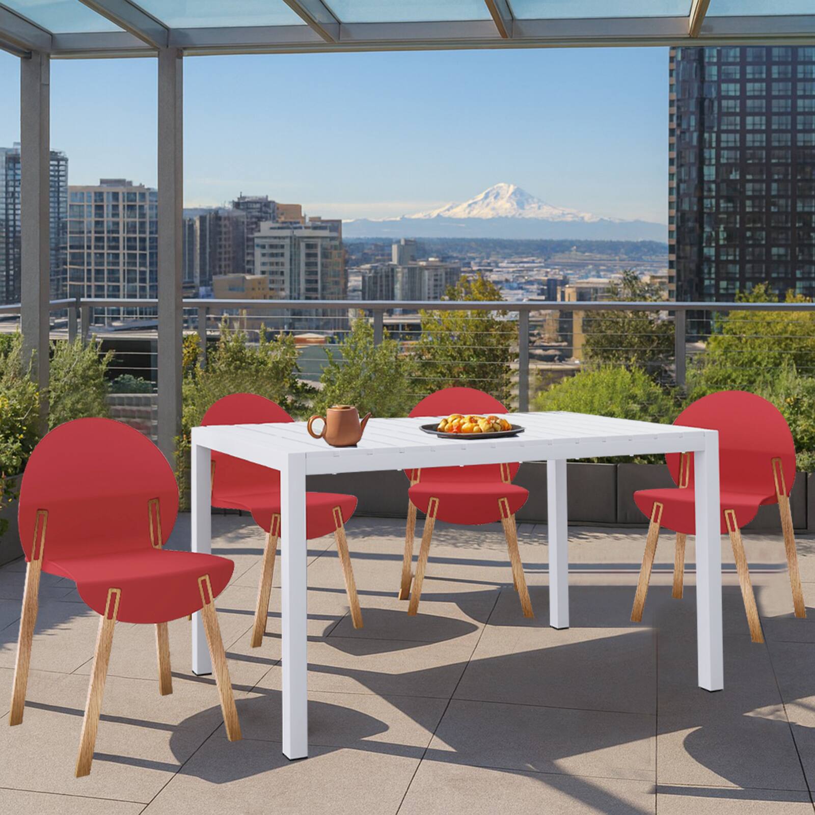 Left. Mondawe - 5-Piece Outdoor Dining Set – 55 Inch Table with 4 Wood Legs & PP Chairs - Red+White.