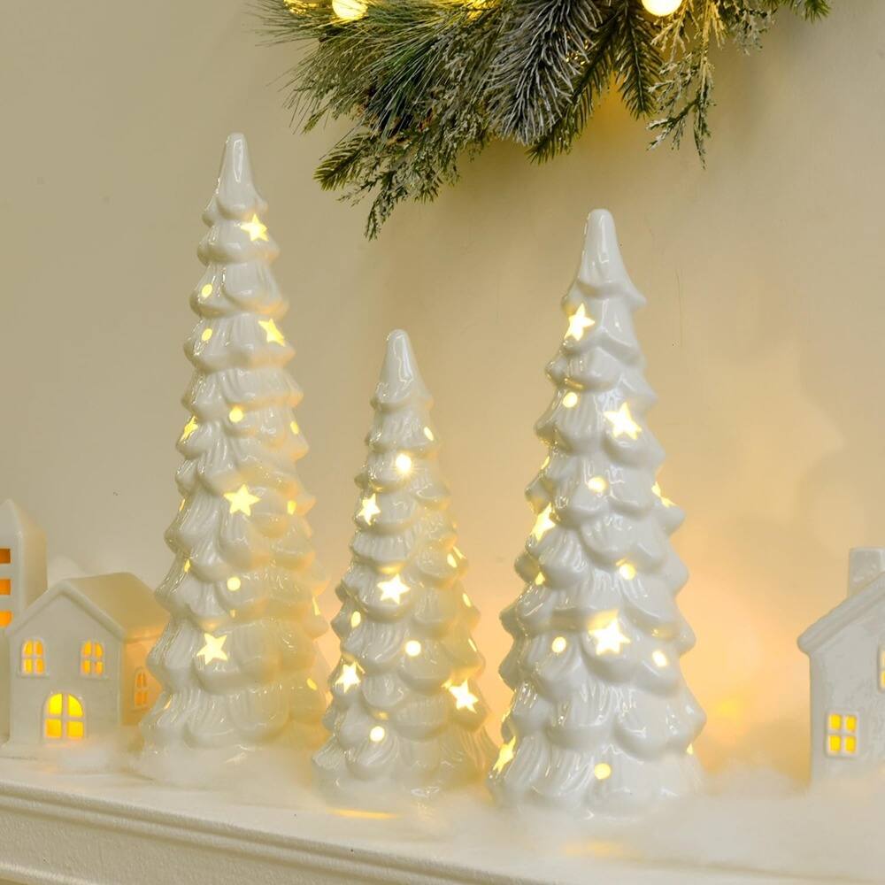 Angle. RTMB - “Set of 3 White Ceramic Christmas Trees with Star & Dot Cutouts” - White.