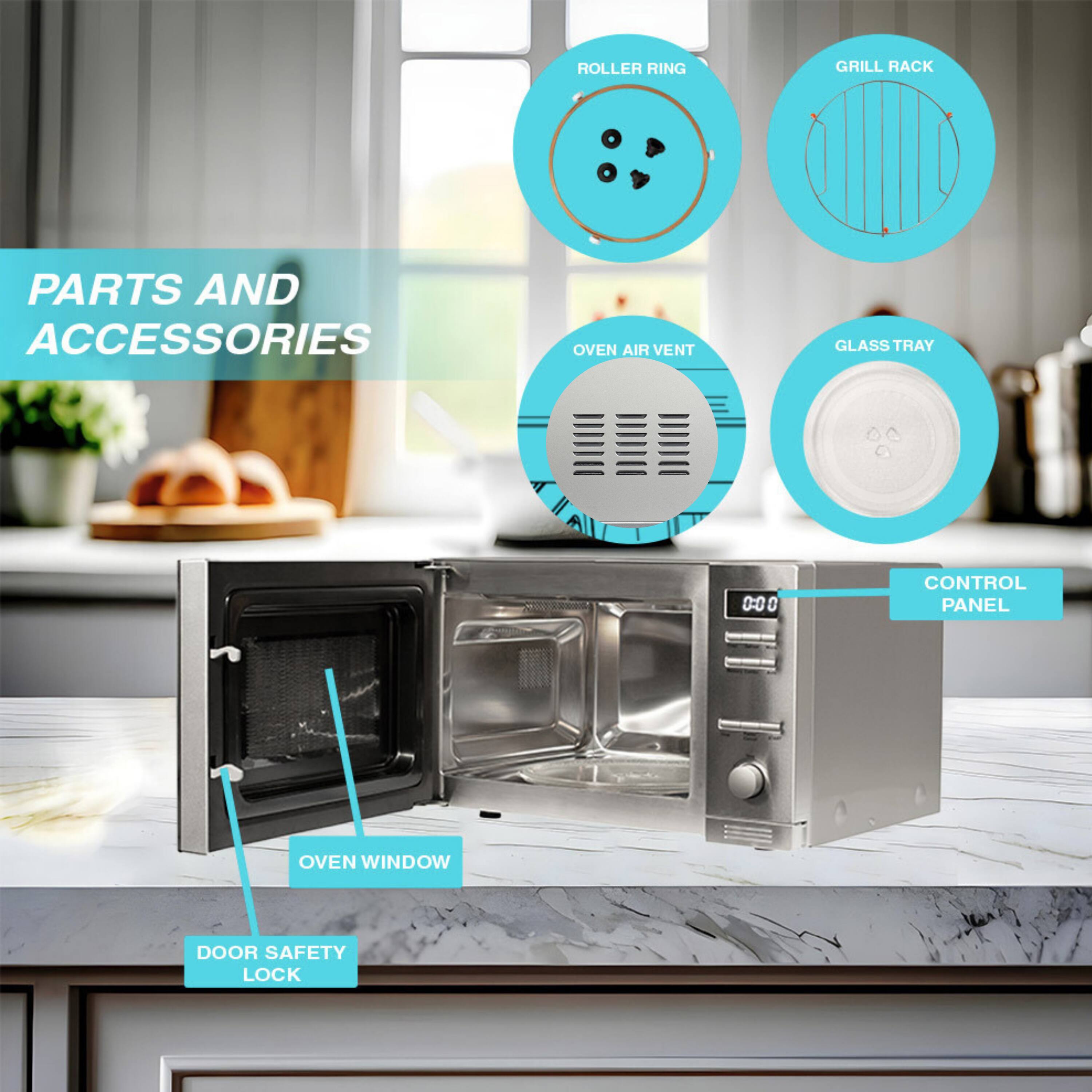 ROLLER RING  
GRILL RACK  
OVEN AIR VENT  
GLASS TRAY  
CONTROL PANEL  
OVEN WINDOW  
DOOR SAFETY LOCK