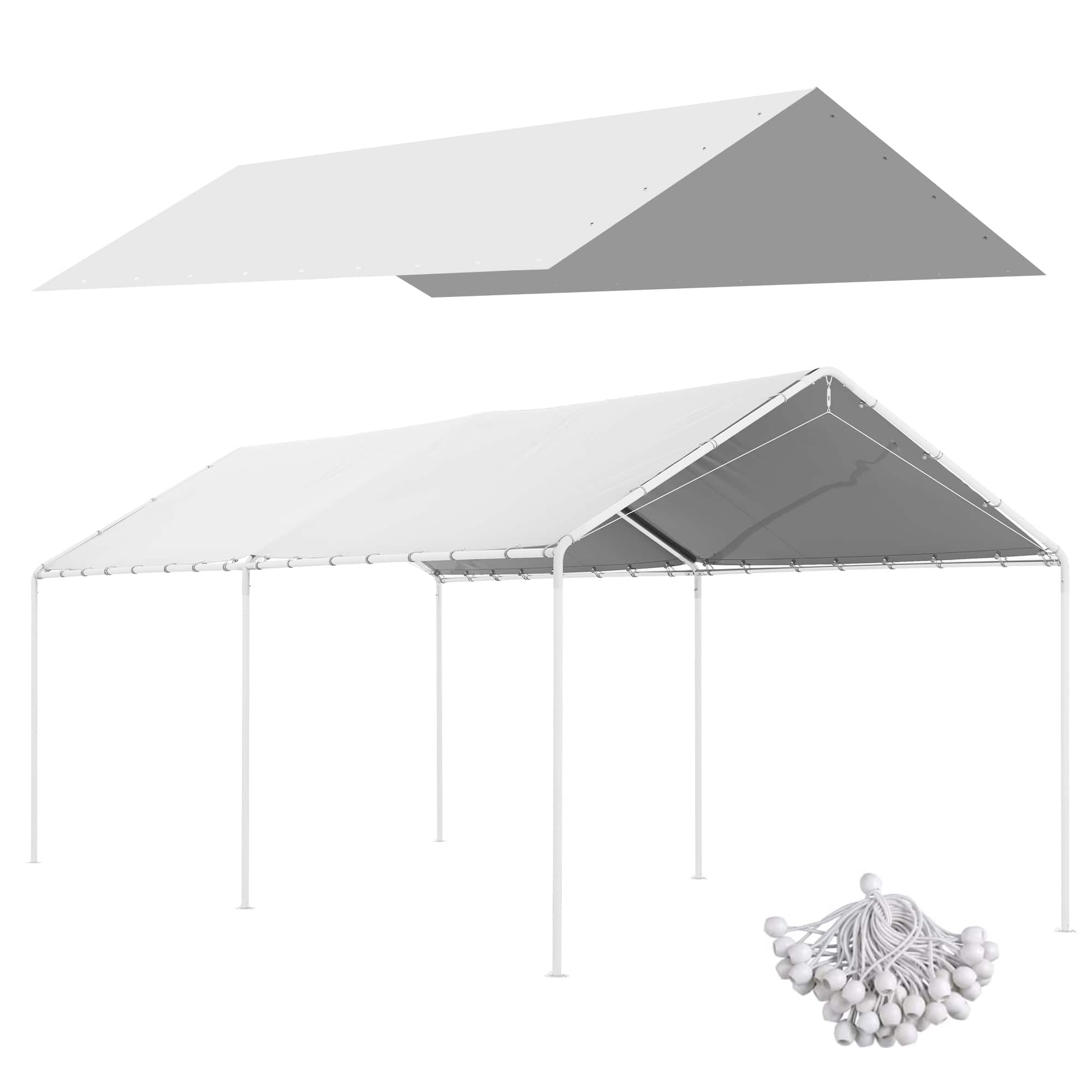 APRILSOUL - 10x20 FT Carport Replacement Top Canopy Cover UV Resistant Water Resistant Car Port Ball Bungee Cords White Only Cover