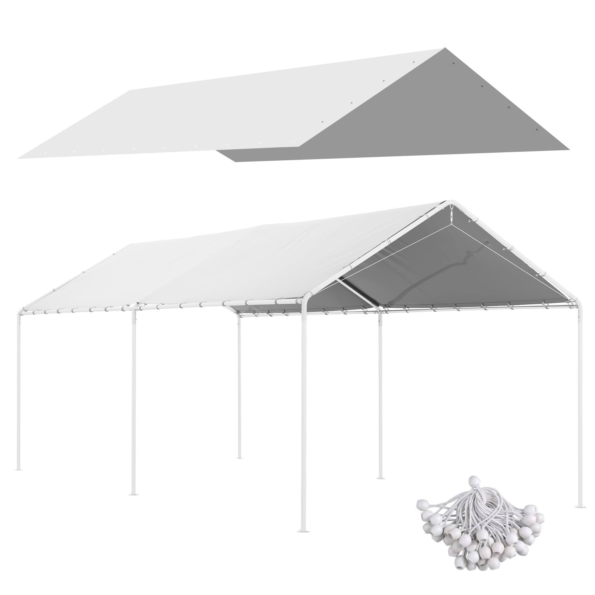 Front. APRILSOUL - 10x20 FT Carport Replacement Top Canopy Cover UV Resistant Water Resistant Car Port Ball Bungee Cords White Only Cover.
