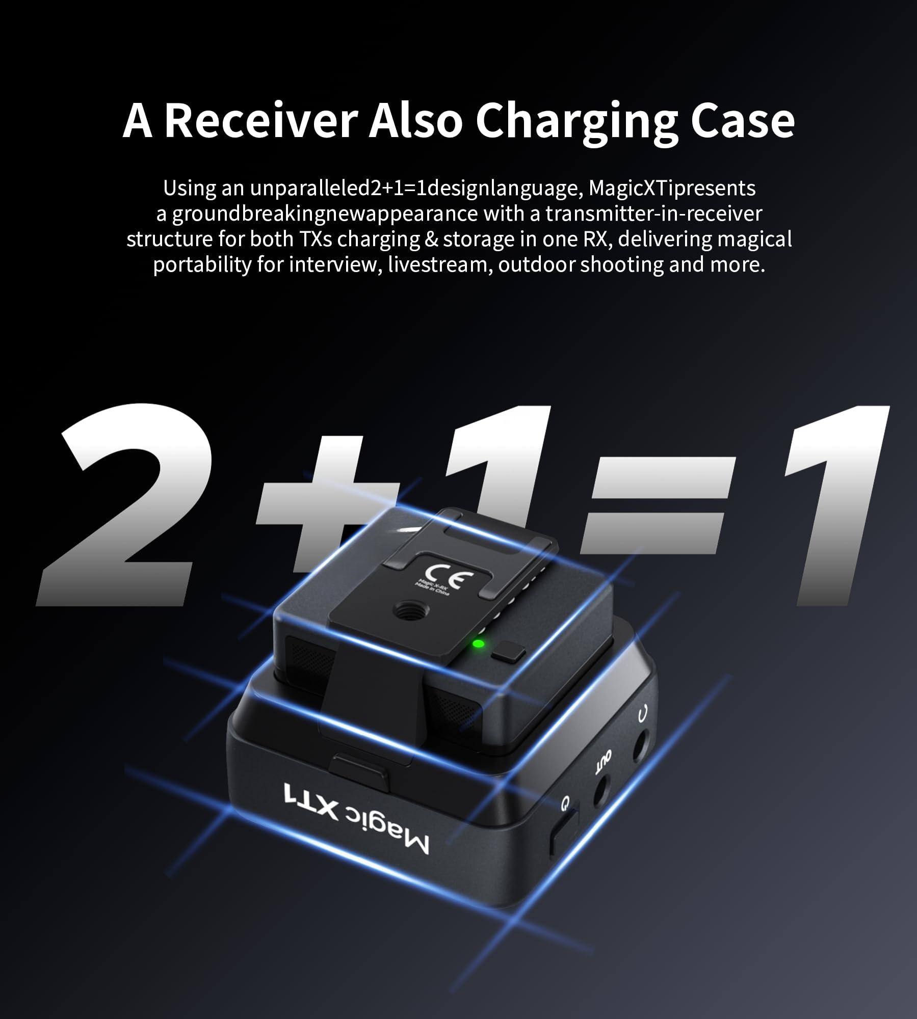 A Receiver Also Charging Case

Using an unparalleled 2+1=1 design language, MagicXTipresents a groundbreaking new appearance with a transmitter-in-receiver structure for both TXs charging & storage in one RX, delivering magical portability for interview, livestream, outdoor shooting and more.

2 + 1 = 1

CE OUT XT1 0

MagicX