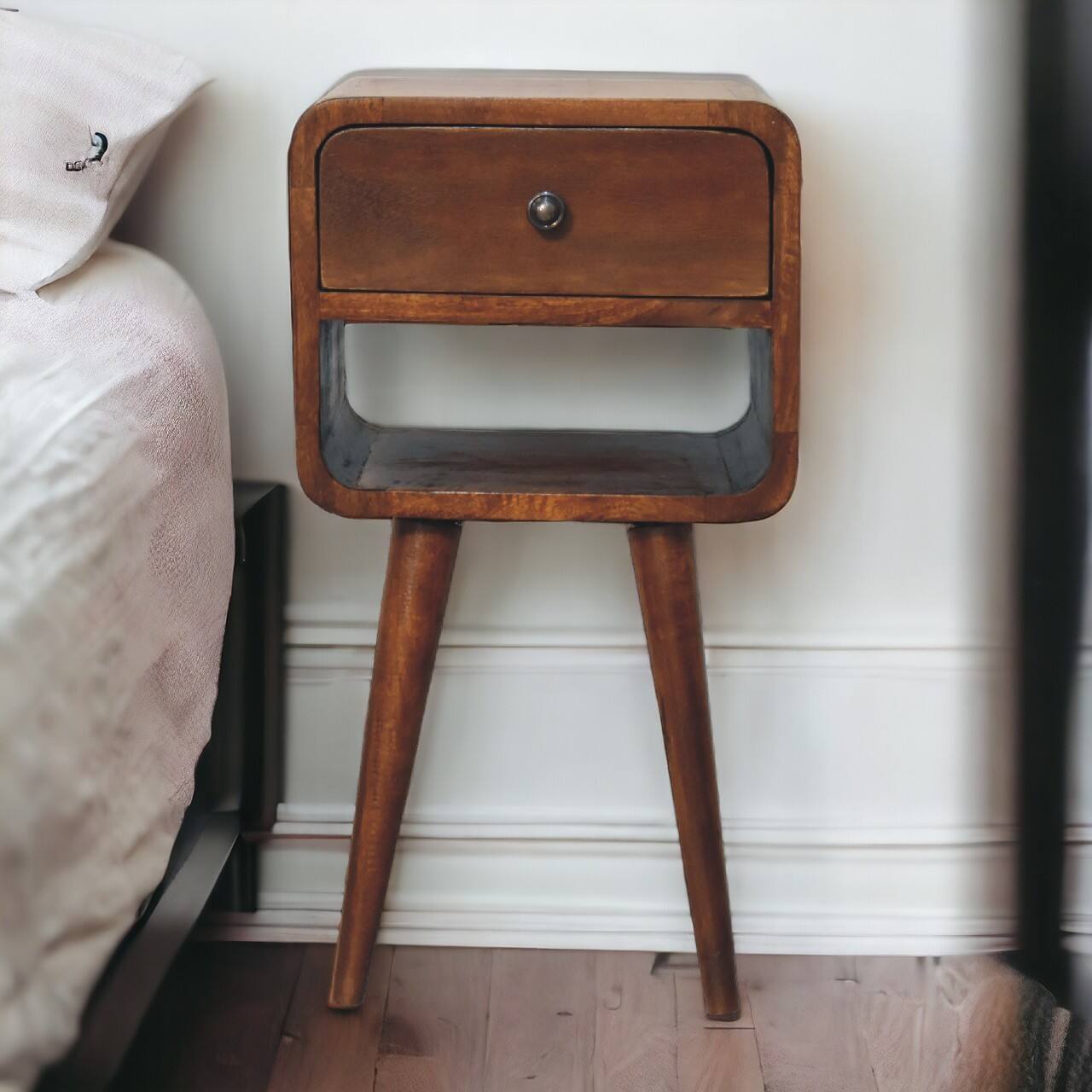 Alt View 7. Artisan Furniture - Artisan Furniture Solid Wood Mini Chestnut Curve Lower Nightstand, 1 Drawer, 1 Open-slot, Nordic legs, Brown - Chestnut.