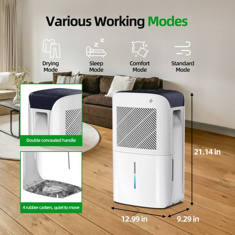 Various Working Modes

- Drying Mode
- Sleep Mode
- Comfort Mode
- Standard Mode

Double concealed handle

4 rubber casters, quiet to move

21.14 in

12.99 in

9.29 in