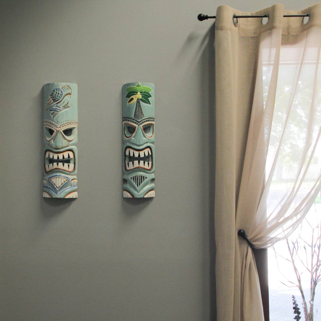 Alt View 7. Things2Die4 - Handcrafted Aqua Blue Parrot & Palm Tree Wooden Tiki Mask Wall Hangings – 20 Inches High - Set of 2 - Blue.