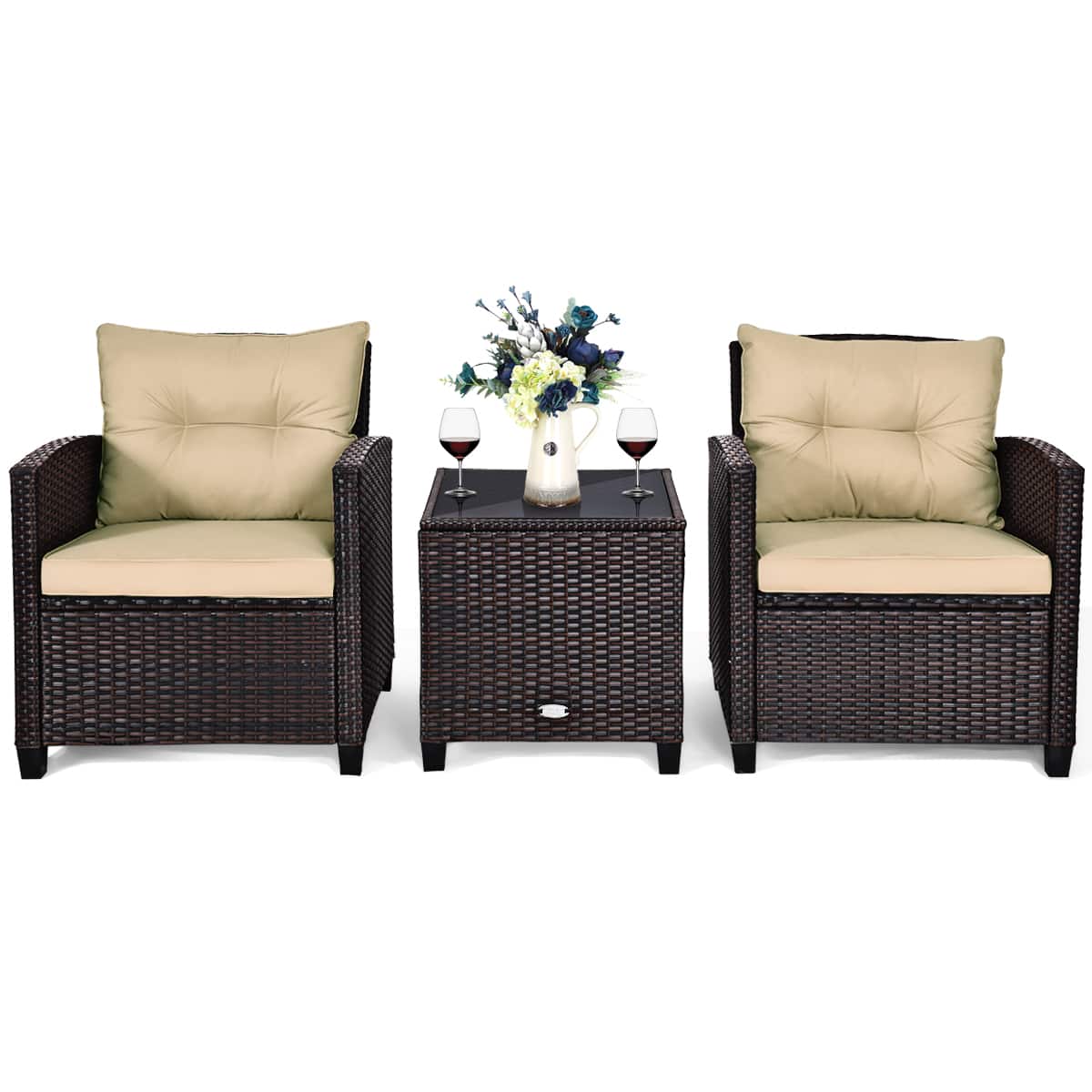 Front. Costway - 3PCS Patio Rattan Furniture Set Cushioned Conversation Set Sofa Coffee Table - Beige.