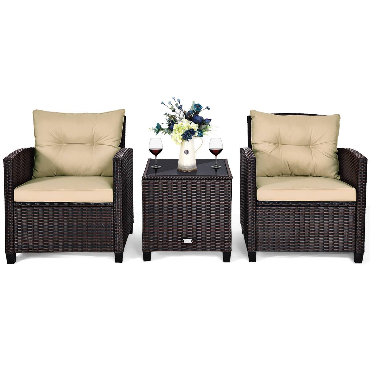 Front. Costway - 3PCS Patio Rattan Furniture Set Cushioned Conversation Set Sofa Coffee Table - Beige.