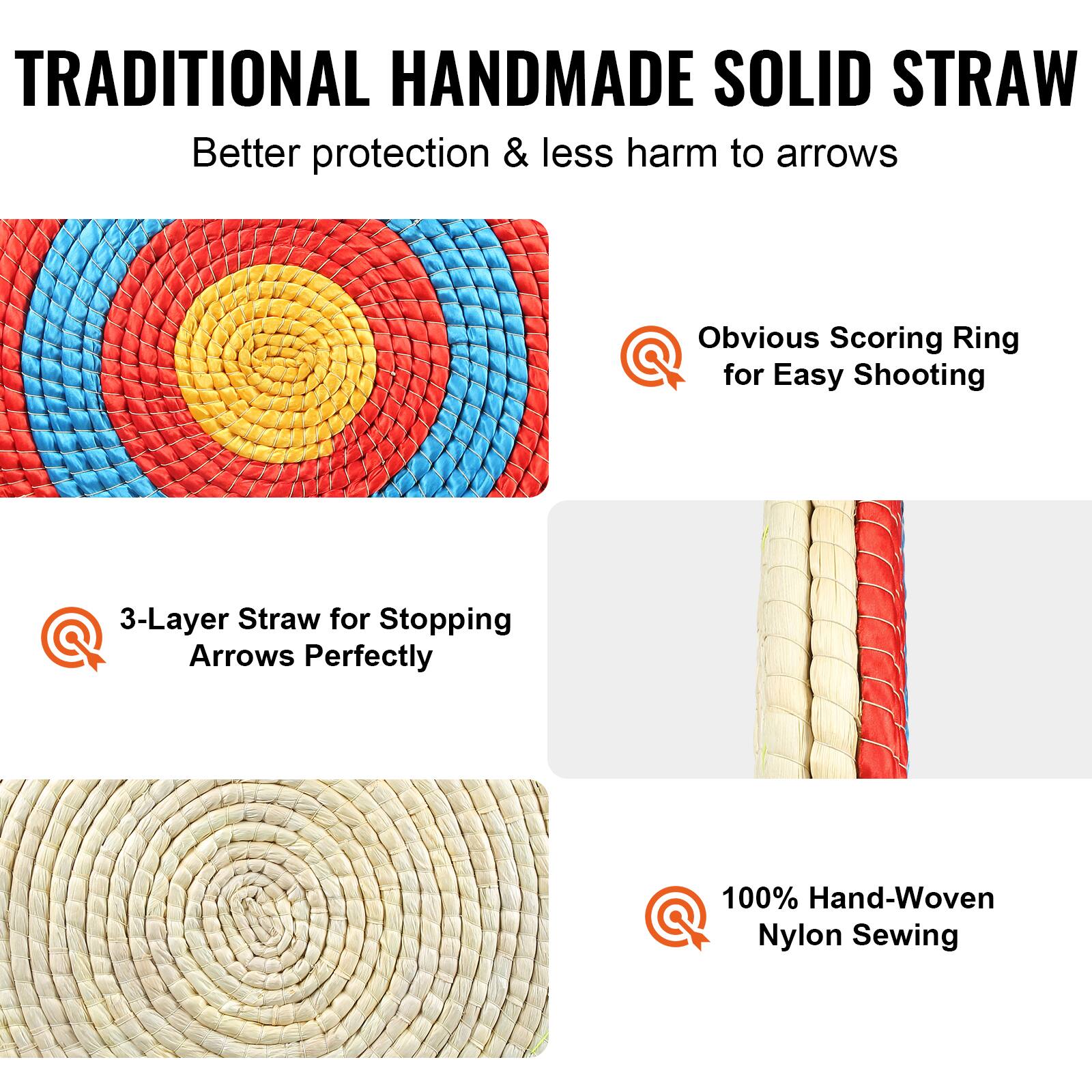 TRADITIONAL HANDMADE SOLID STRAW  
Better protection & less harm to arrows  

- Obvious Scoring Ring for Easy Shooting  
- 3-Layer Straw for Stopping Arrows Perfectly  
- 100% Hand-Woven Nylon Sewing