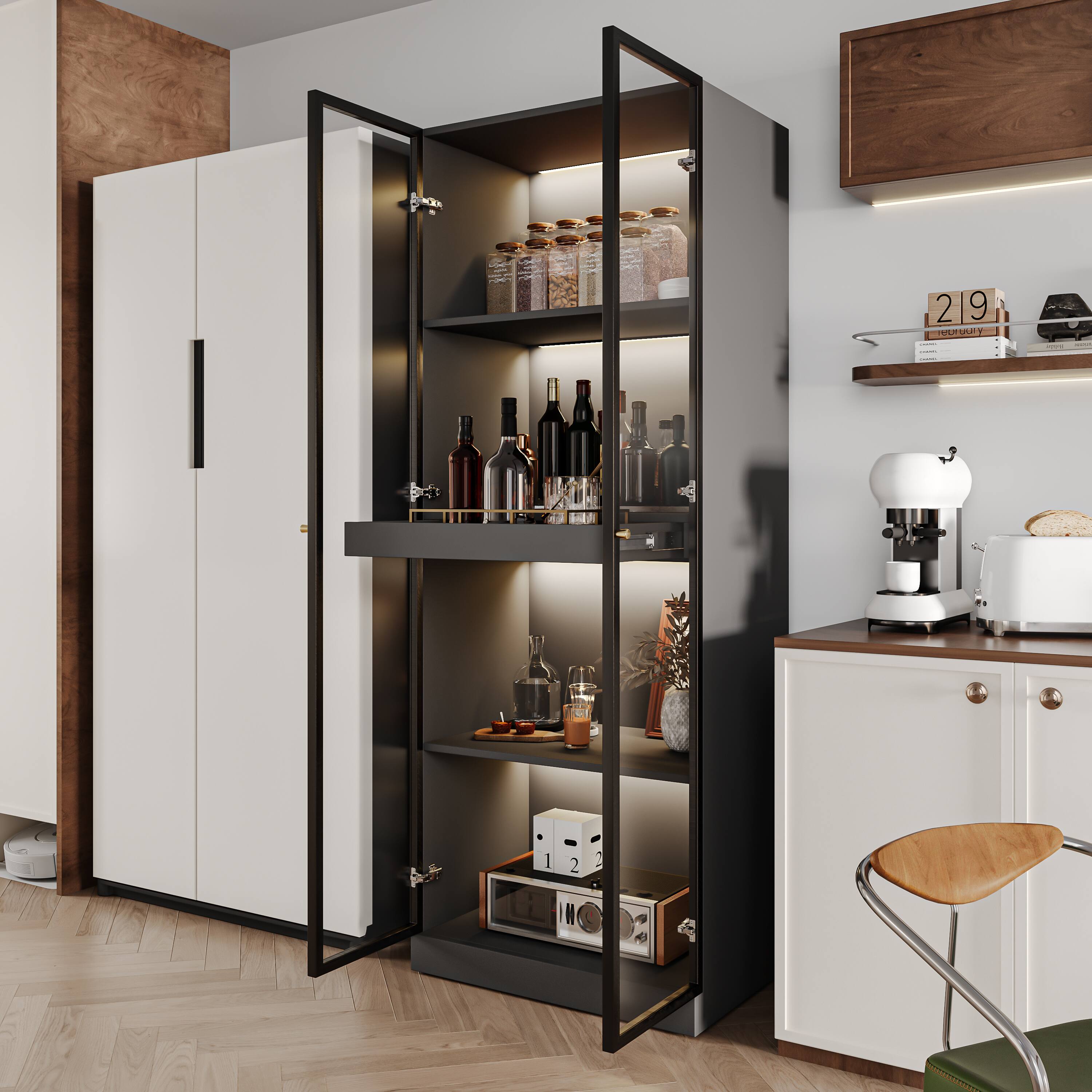 Alt View 4. MSOOB - 23.6" Glass Display China Cabinet With Pull-Out Bar Shelf, Dining Cabinet With Glass Doors and Wireless LED Light - black.