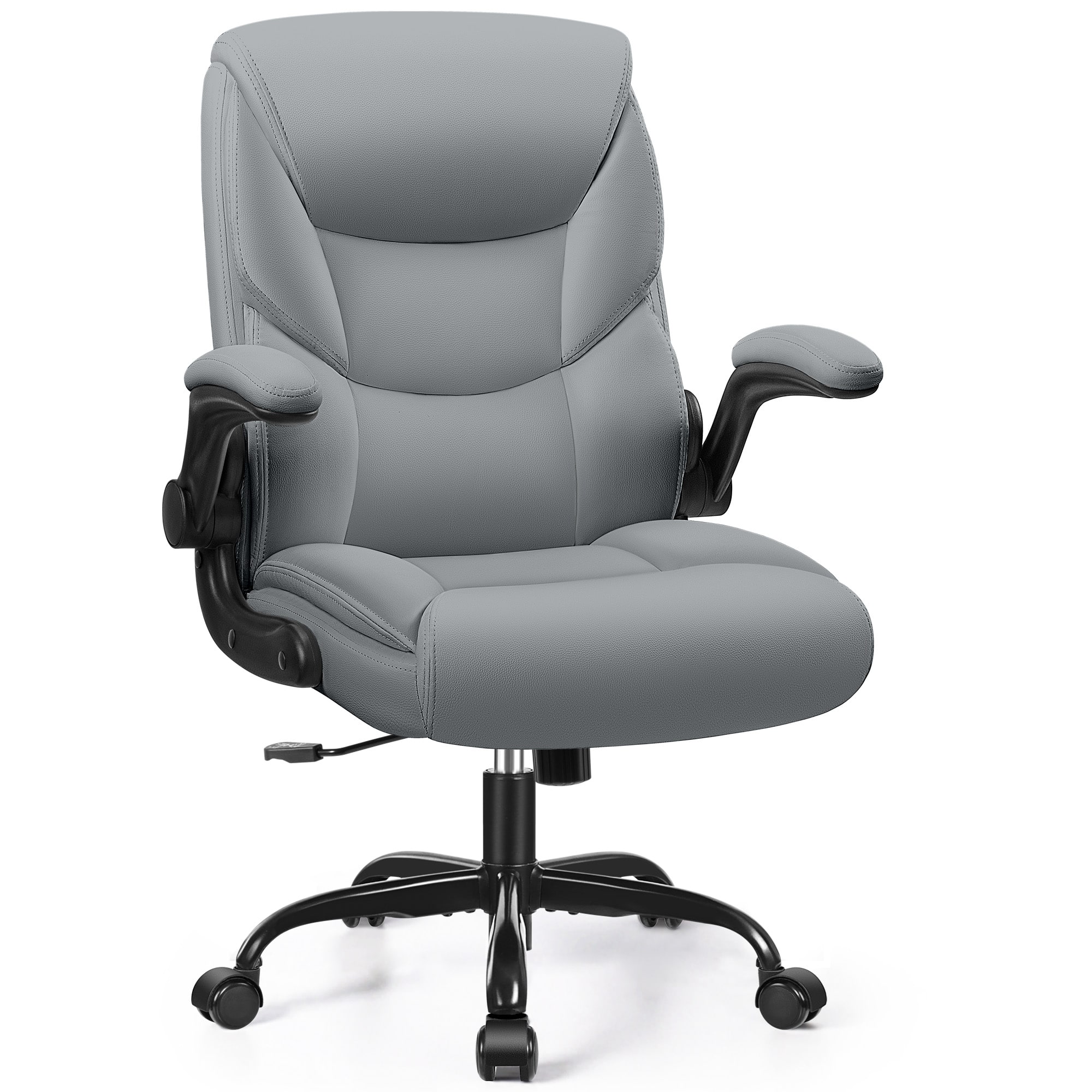 Front. KERDOM - PU Leather Ergonomic Home Desk Chair, Tilt Small Computer Chair Adjustable Height, Rolling Swivel & Flip-Up Padded Arms - Grey.