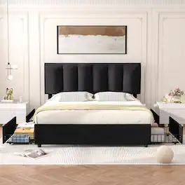 Vecelo - Queen Upholstered Bed Frame with 4 Storage Drawers, Adjustable Velvet Headboard, No Box Spring Needed, Metal Platform - Black