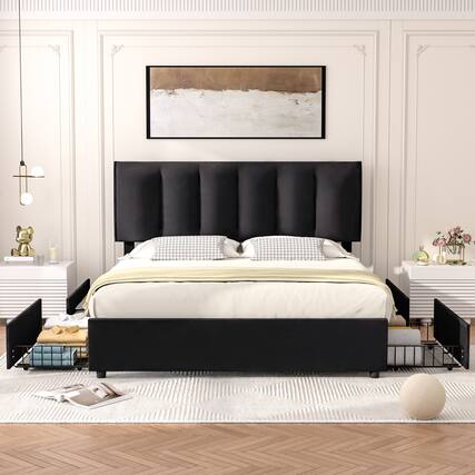 Front. Vecelo - Queen Upholstered Bed Frame with 4 Storage Drawers, Adjustable Velvet Headboard, No Box Spring Needed, Metal Platform - Black.