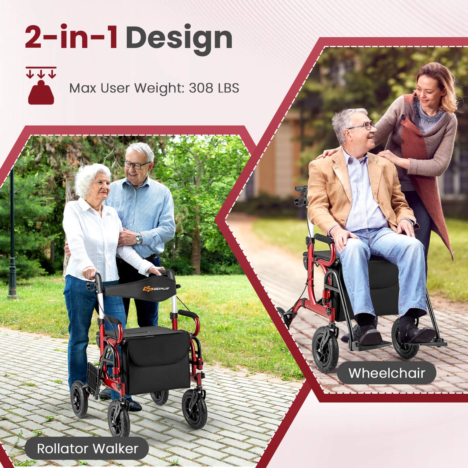 2-in-1 Design, Max User Weight: 308 LBS, Wheelchair, Rollator Walker
