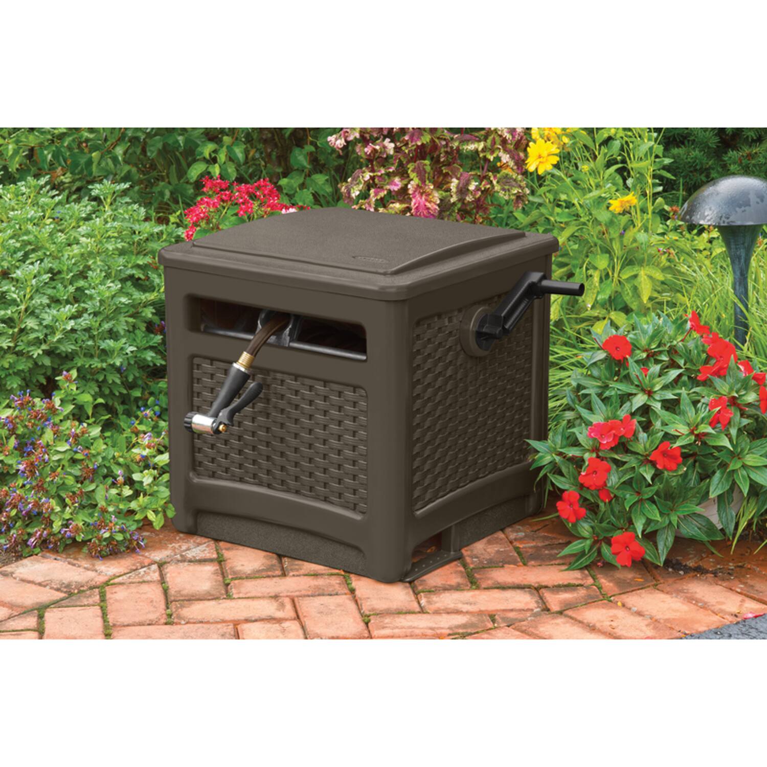 Left. Suncast - Suncast Smart Trak 225 ft. Brown Free Standing Hideaway Hose Reel.