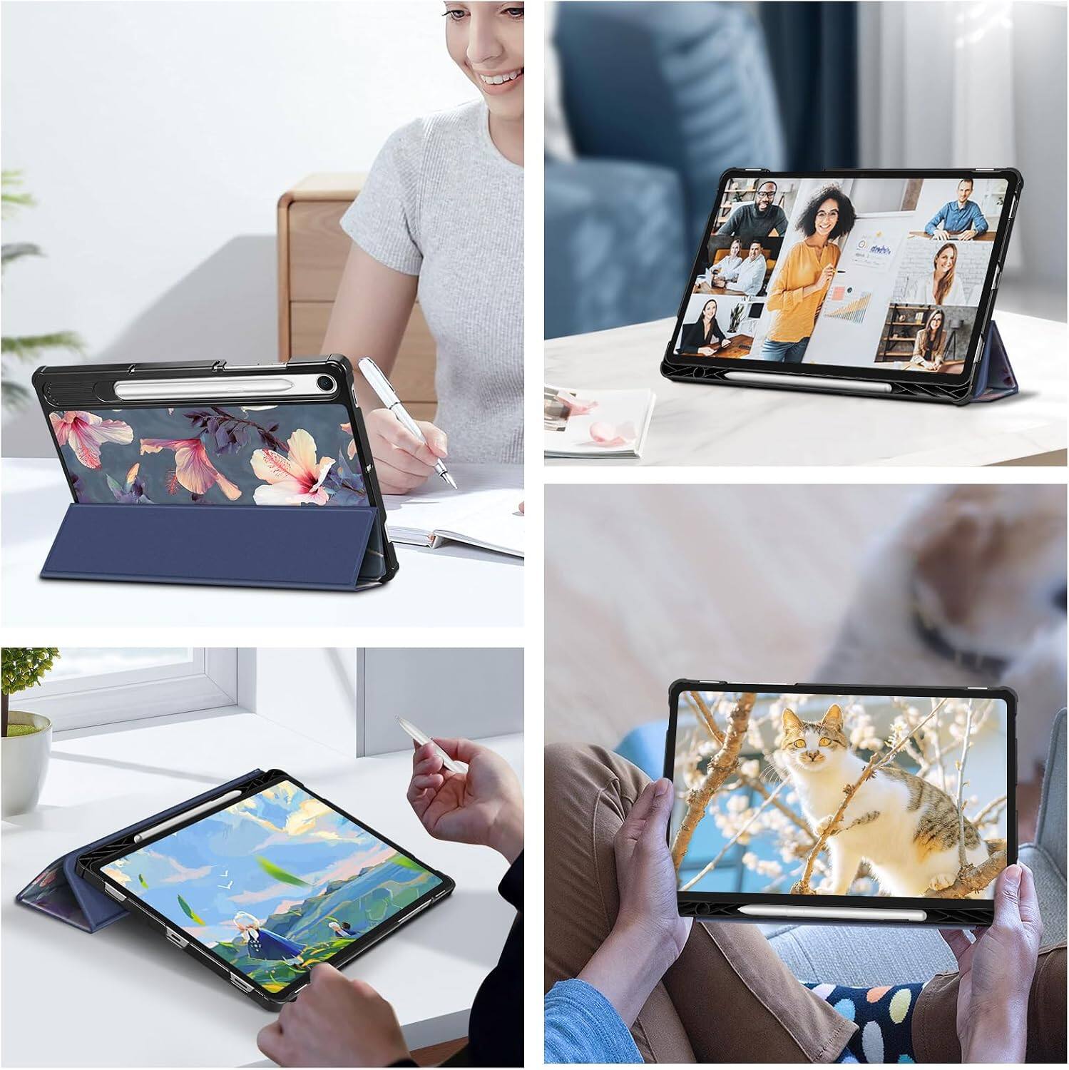Alt View 3. Fintie - Slim Case for Samsung Galaxy Tab S10 Lite/ Tab S10 FE/ Tab S9 FE/ Tab S9, Ultra Thin Lightweight Tri-Fold Stand Cover - Blooming Hibiscus.