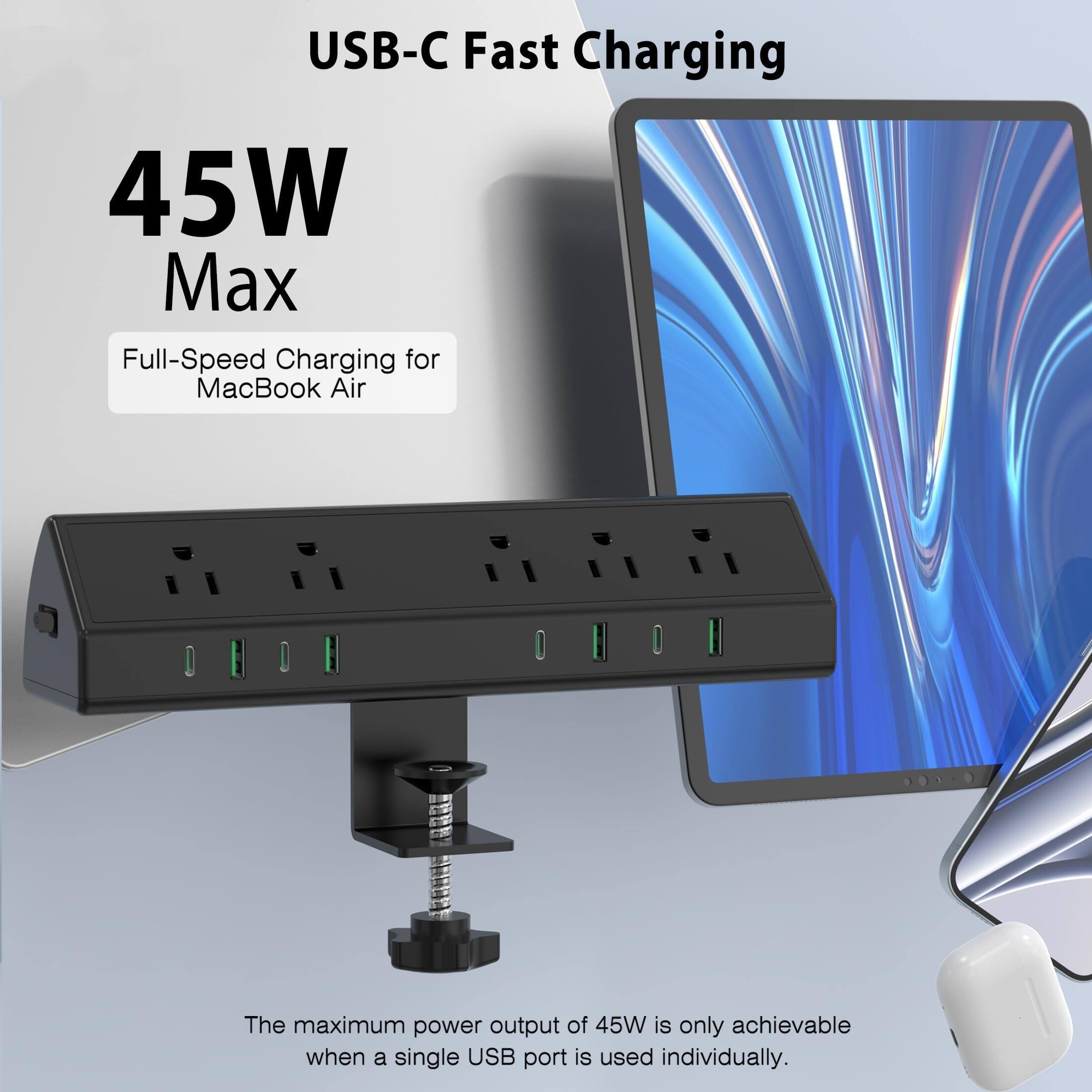 USB-C Fast Charging

45W Max

Full-Speed Charging for MacBook Air

The maximum power output of 45W is only achievable when a single USB port is used individually.