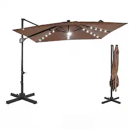 Gymax - Cantilever Patio Umbrella w/ Solar LED Lights Square Offset Hanging Umbrella Tan - Brown