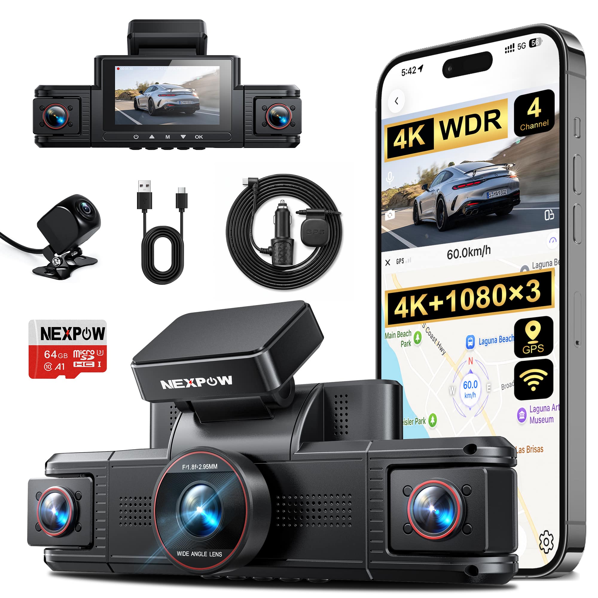 NEXPOW - 4K 4-Channel Dash Cam with 5G WiFi, GPS, Voice Control, 64GB Card and Night Vision - Black price history on PriceWatchPro