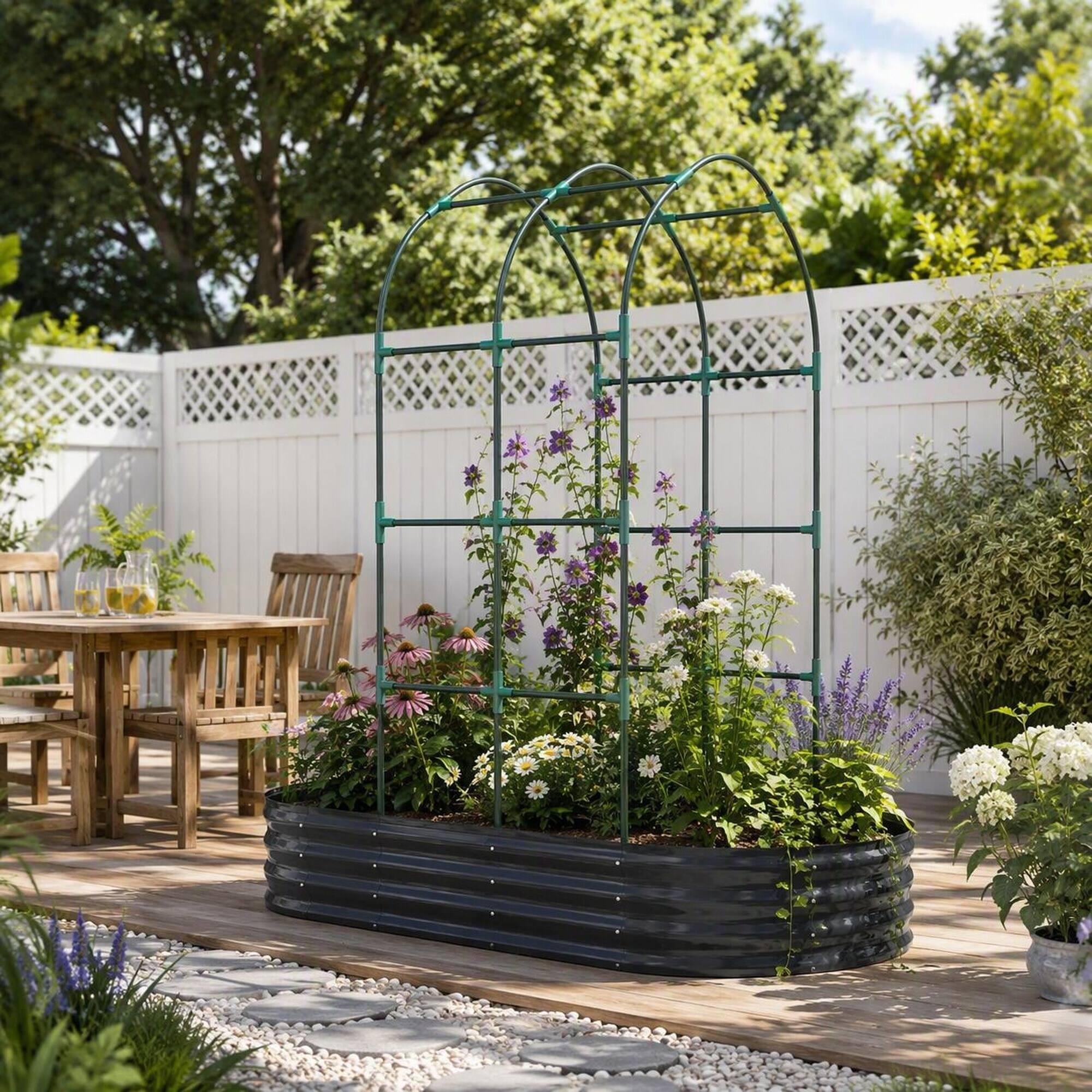 Back. RYHNUYNE - Raised Garden Bed with Arch Trellis, 112 Gallon Galvanized Metal Planter Box, Dark Gray Modular Oval or Round - Dark Gray.