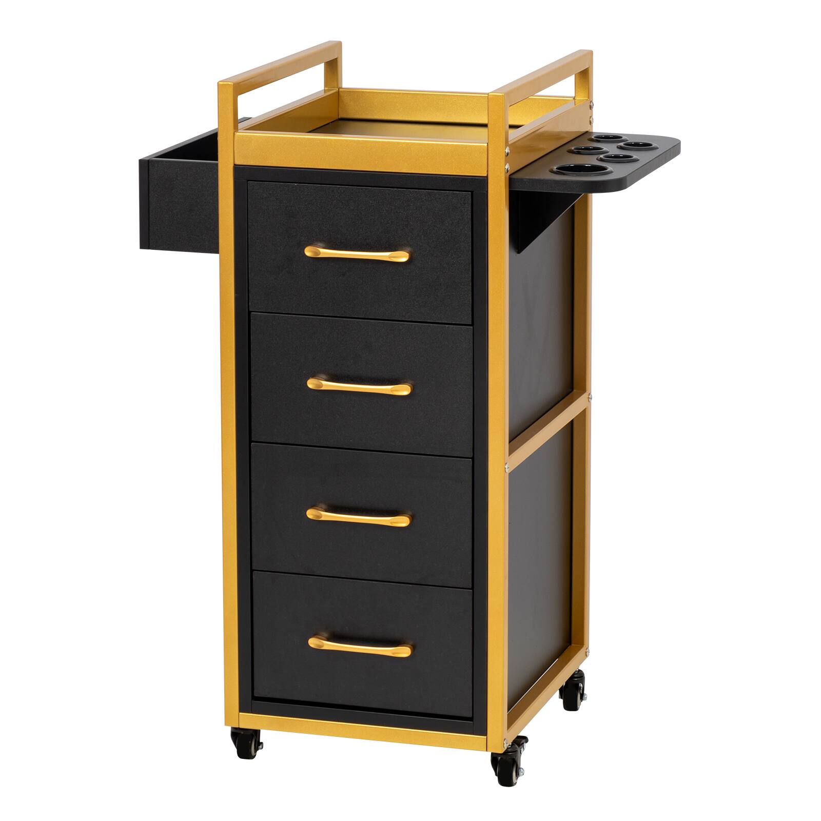 Left. Winado - Trolley Cart Mobile Salon Station with 4 Drawers, 5 Hot Tool Holders, Side Storage Shelf for Hair Salons, Beauty, Spas - Black & Gold.