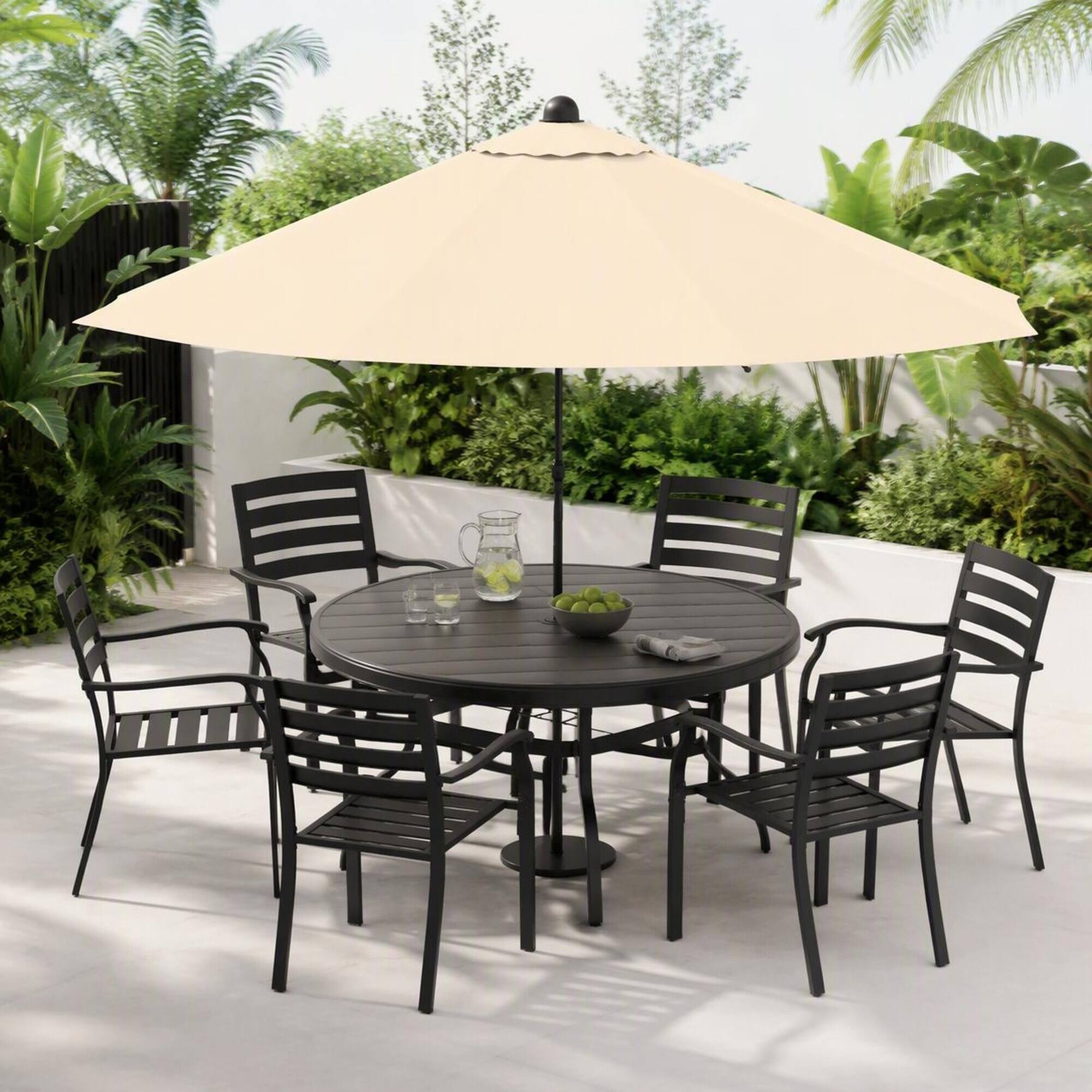 Back. RYHNUYNE - Round Patio Dining Table with Umbrell Hole, Weatherproof Metal Frame,Black Finish for Deck Lawn Garden Backyard - Black.