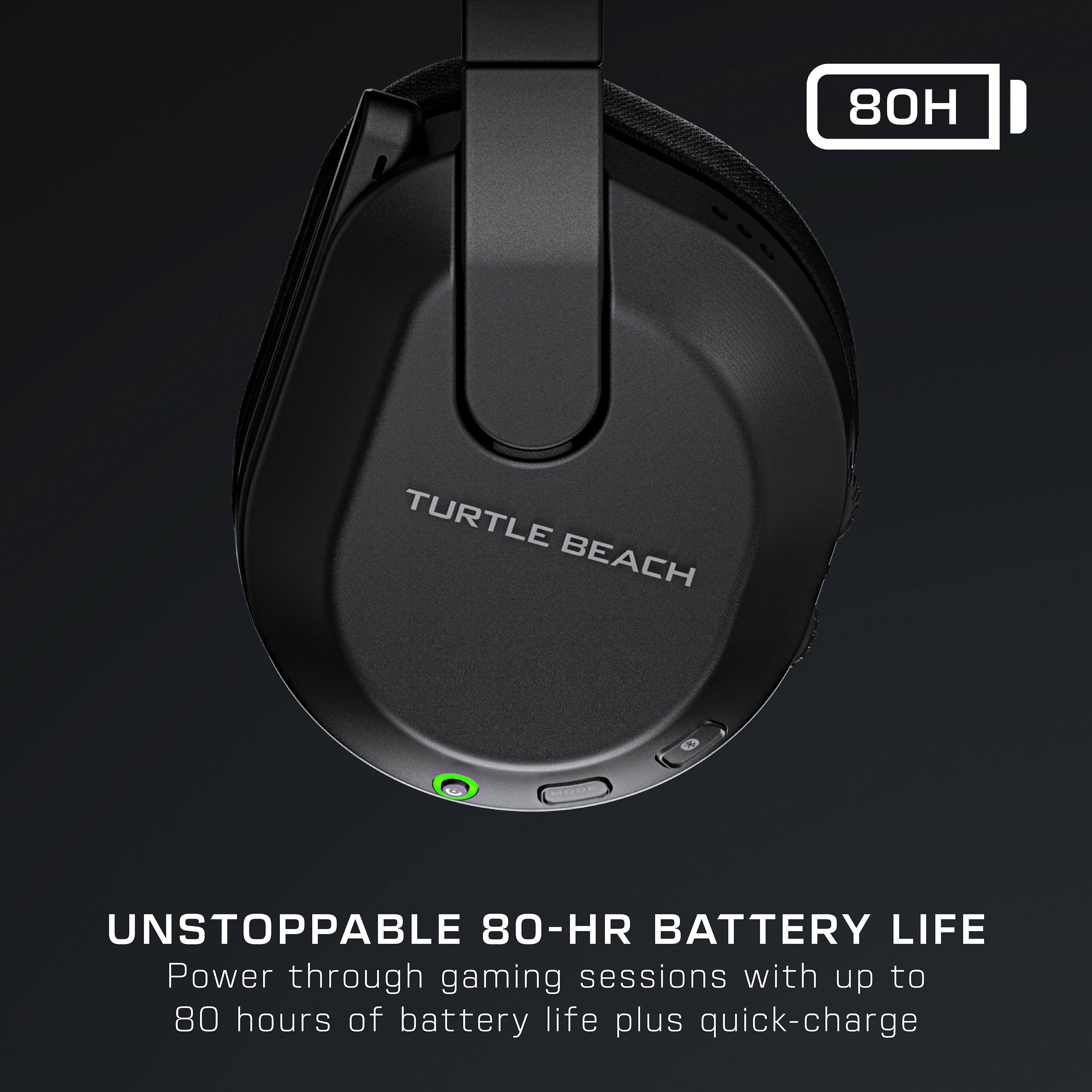 The text on the image reads: "80H Turtle Beach Unstoppable 80-HR Battery Life Power through gaming sessions with up to 80 hours of battery life plus quick-charge."