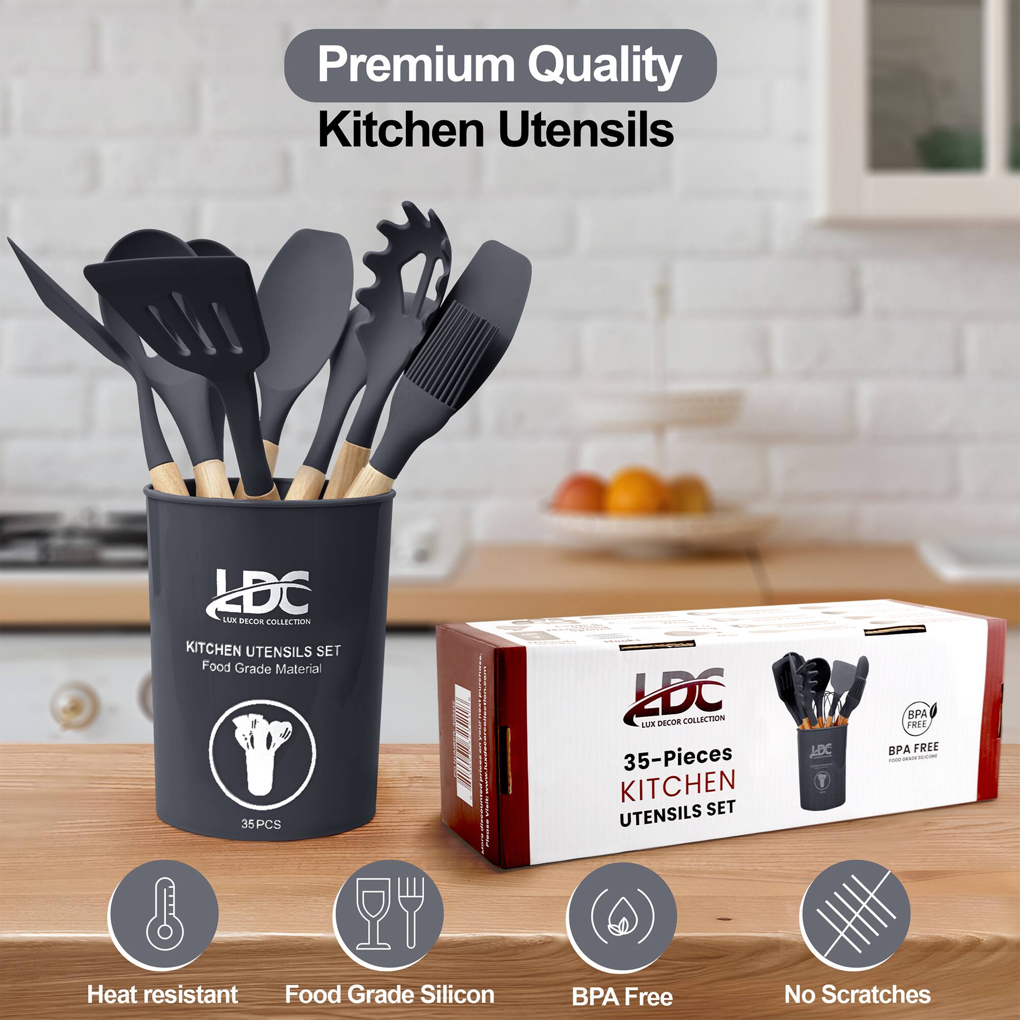 Premium Quality Kitchen Utensils

LDC LUX DECOR COLLECTION KITCHEN UTENSILS SET
Food Grade Material 35PCS

35-Pieces KITCHEN UTENSILS SET

- Heat resistant
- Food Grade Silicon
- BPA Free
- No Scratches