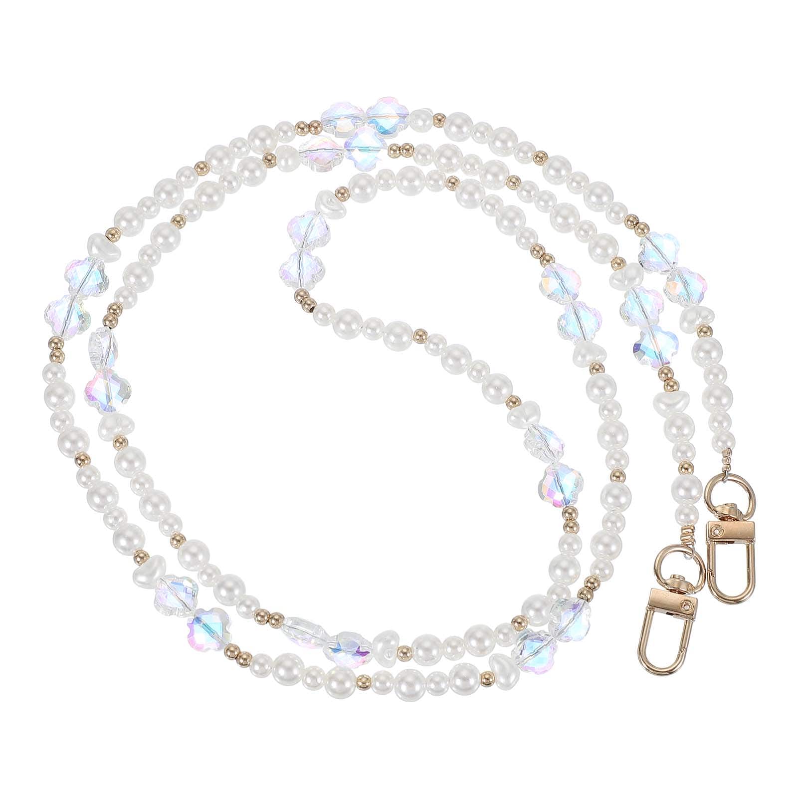 Unique Bargains - Pearl Phone Chain Crossbody Lanyard, Beaded Flower Wrist Strap Universal Cell Phone Charm Hanging Rope - Gold