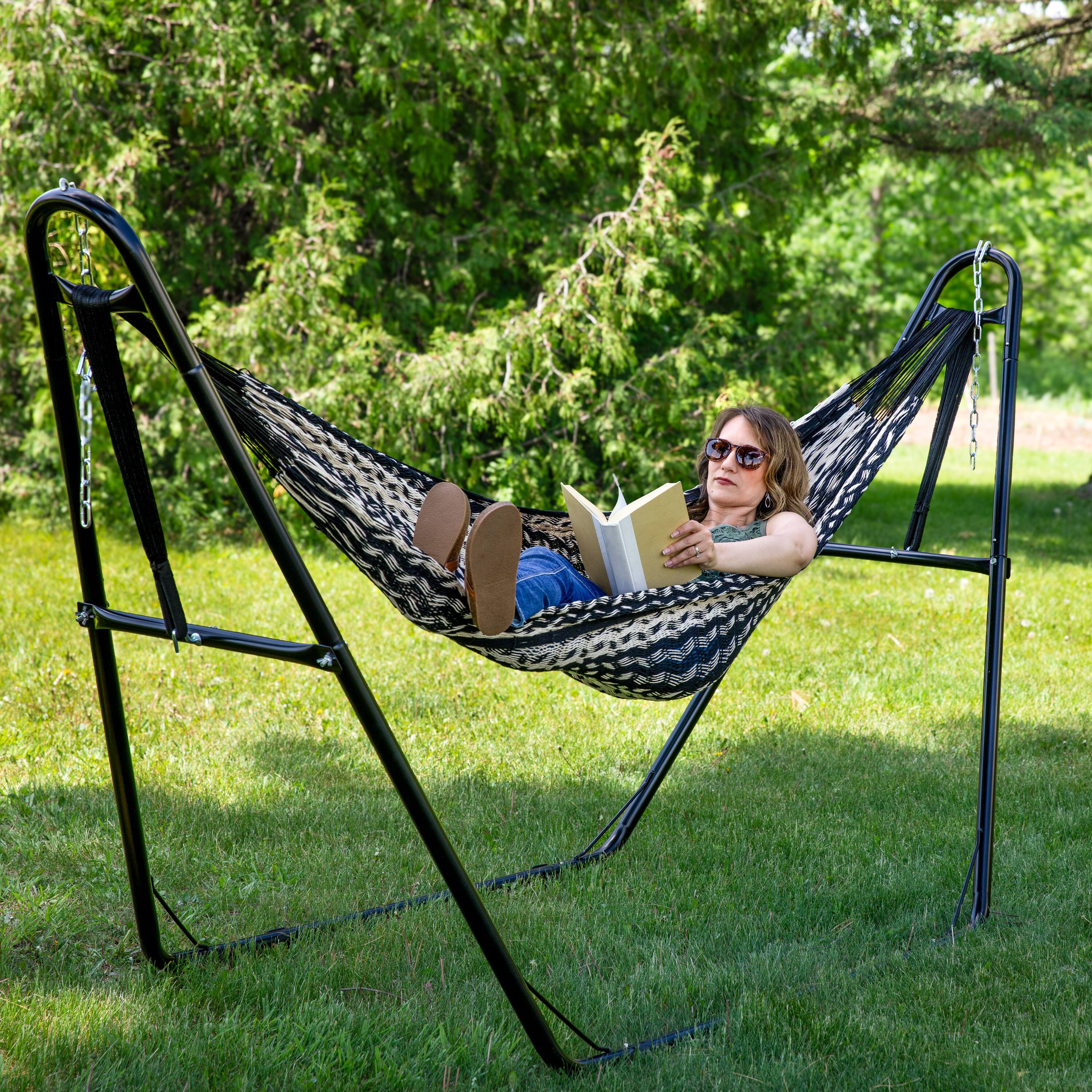 Alt View 2. Sunnydaze - 2-Person Cotton/Nylon Hammock with Steel Stand - Black/Natural.