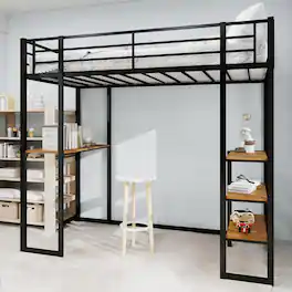 Ecooso - Iron frame bed with bed and table, children's home bed with L-shaped desk, iron frame bed with railing and stairs - Black