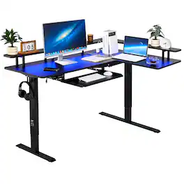 VEVOR - L Shaped Desk, Electric Adjustable Height Corner Gaming Desk with Keyboard Tray and Dual Hooks - Black