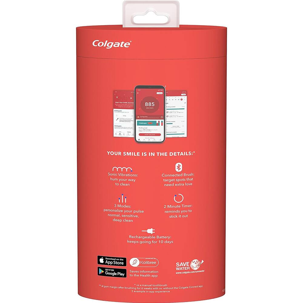 Colgate 885

YOUR SMILE IS IN THE DETAILS:

- Sonic Vibrations: hum your way to clean
- Connected Brush: target spots that need extra love
- 3 Modes: personalize your pulse normal, sensitive, deep clean
- 2 Minute Timer: reminds you to stick it out
- Rechargeable Battery: keeps going for 10 days

Download on the App Store
Get it on Google Play

Kolibree
Saves information to the Health app

SAVE WATER
www.colgate.com/swdter

*at gum margin after brushing for 4 weeks with vs without the Colgate Connect app experience

www.colgate.com/swdter