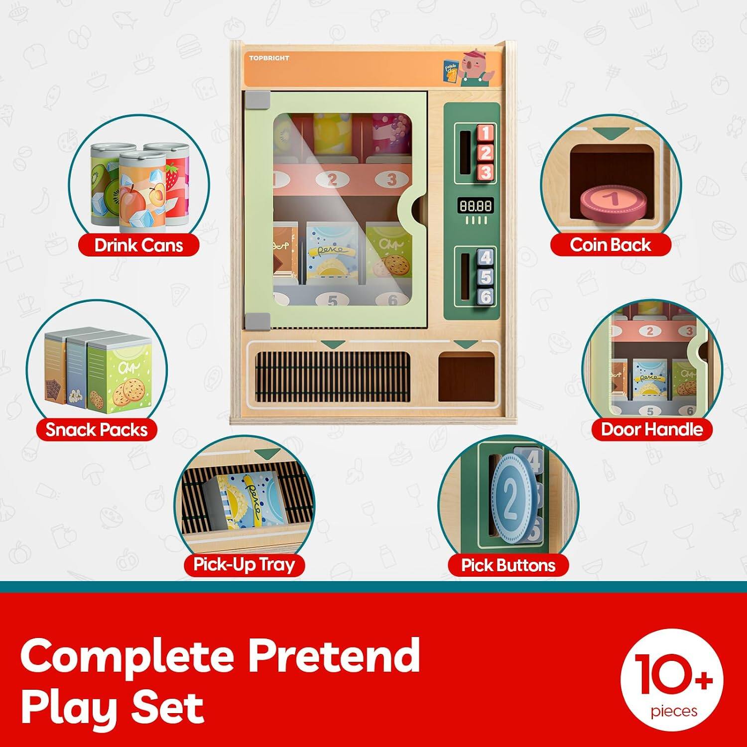 TOPBRIGHT 2 3 1 2 3 88.88 : II 1 Drink Cans D parco C 4 5 Coin Back 5 6 ; 2 3 O Cle Snack Packs 5 6 Door Handle 2 Pick-Up Tray Pick Buttons Complete Pretend Play Set 10+ pieces