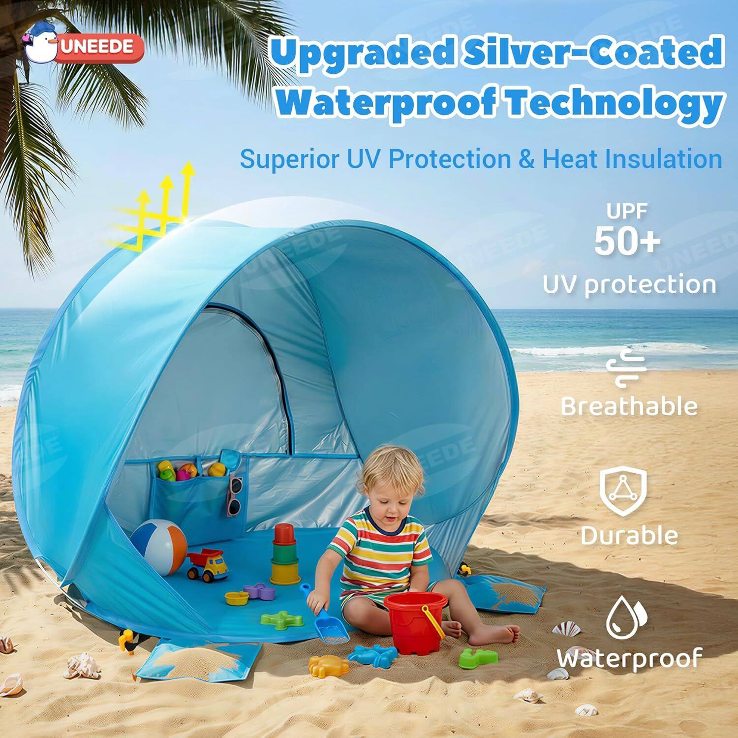 UNEEDE Upgraded Silver-Coated Waterproof Technology Superior UV Protection & Heat Insulation  
UNEEDE UPF 50+  
UNEEDE UV protection  
Breathable  
Durable  
Waterproof