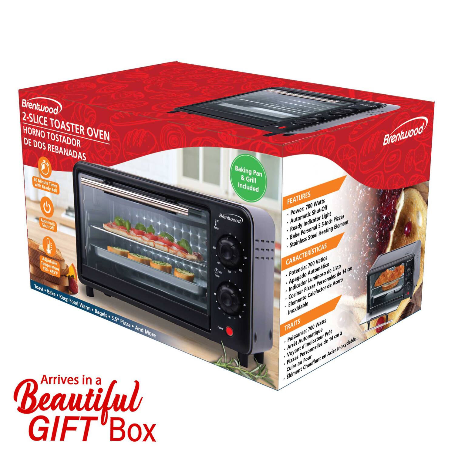 Brentwood 2-Slice Toaster Oven Horno Tostador Oven de Dos Rebanadas 60 Minute with Ready Timer Bell Automatic Shut Off Adjustable Ad Temperature 150-465F Toast Bake Keep Food Warm Bagels 5.5" Pizza And More Arrives in a Beautiful GIFT Box

Brentwood Baking Pan & Grill Included

FEATURES
- Power: 700 Watts
- Automatic Shut-Off Light
- Ready Indicator
- 5.5-Inch Element
- Stainless Steel

CARACTERÍSTICAS
- Potencia: Automática 700 Vatios
- Apagado Luminoso de Indicador
- Elemento de Acero Inoxidable
- Cocinar Pizzas Personales

TRAITS
- Puissance: 700 Watts
- Arrêt Automatique
- Indicateur de Prêt
- 14 cm d'élément
- Pizzas Personnelles au Four en Acier Inoxydable