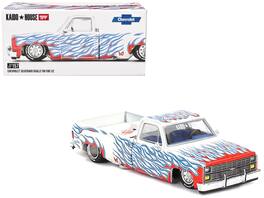 Mini GT - Chevrolet Silverado Dually Pickup Truck On Fire V2 White Metallic Blue Flames Blue Interior Jun Imai Kaido House 1/64 - White Metallic with Blue