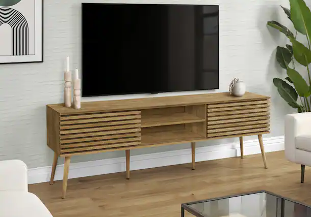 Front. Spaco - Spaco Modern TV Stand up for 65" TVs, 71” Wide Media Console, Laminate Storage Cabinet, Sliding Doors for Living Room - Walnut.
