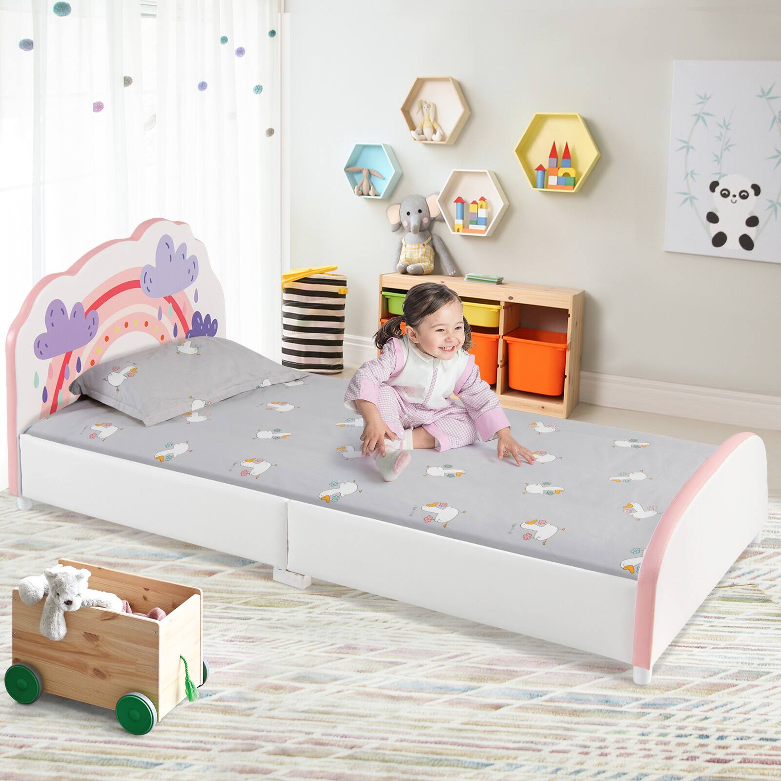 Alt View 8. Costway - Costway Kids Upholstered Platform Bed Children Twin Size Wooden Bed Rainbow Pattern - White.