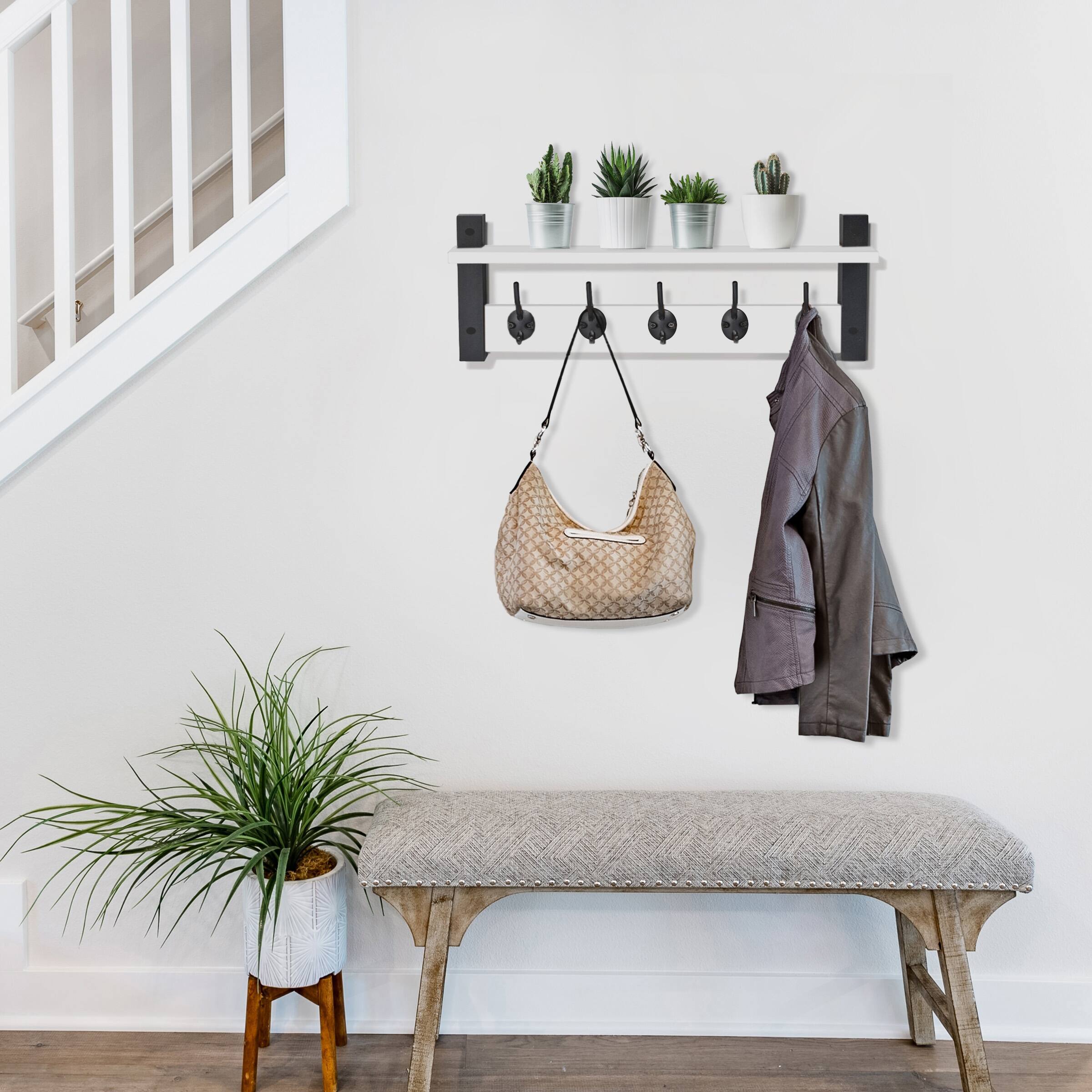 Alt View 1. Sorbus - Sorbus Coat Hooks Wall Mount with Shelf, 24 Inch Coat Rack Wall Mount with 5 Heavy Duty Hooks, Floating Wall Shelf - White.