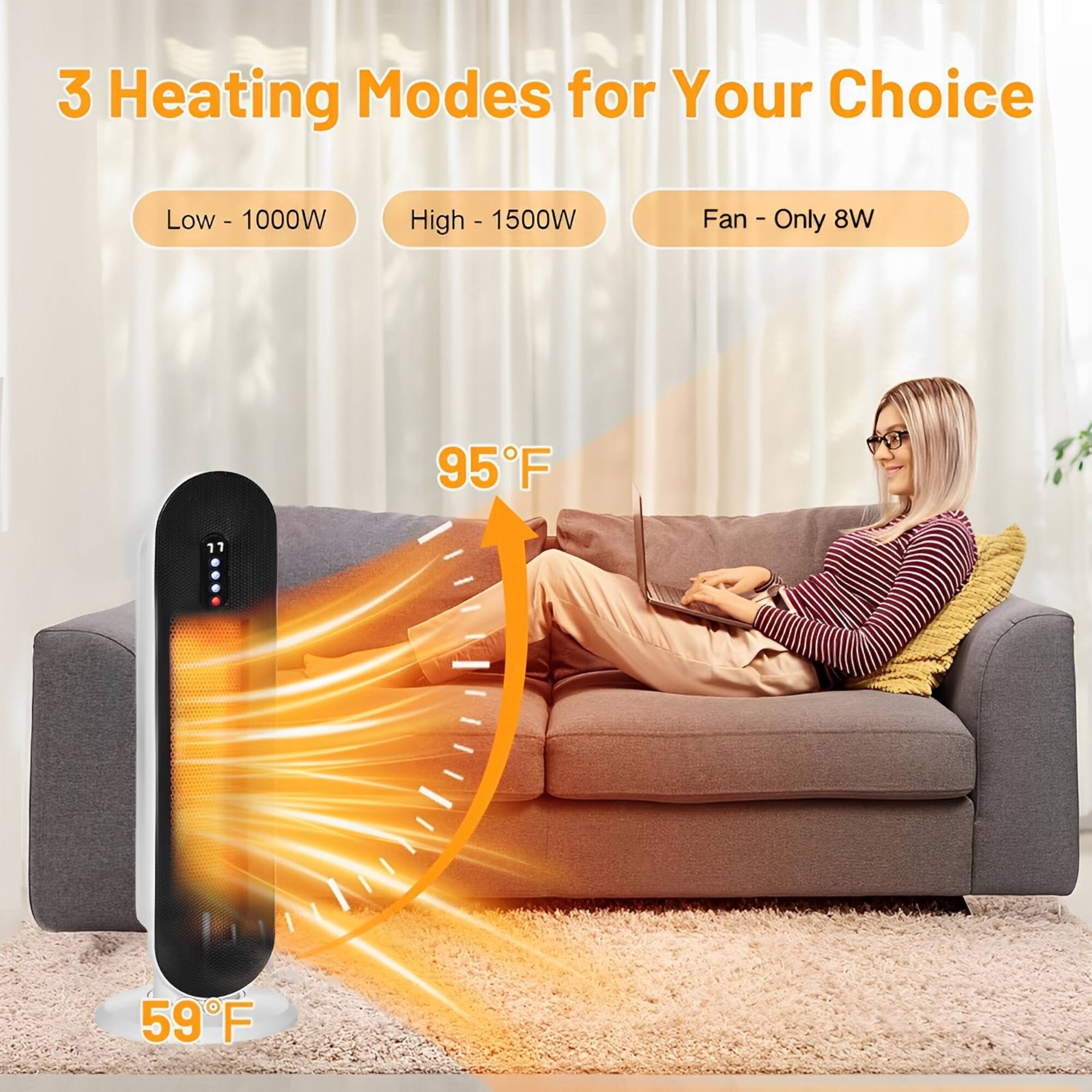 3 Heating Modes for Your Choice

Low - 1000W  
High - 1500W  
Fan - Only 8W  

95°F  
59°F