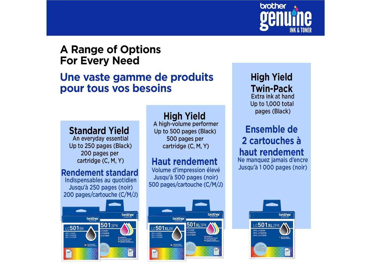 A Range of Options For Every Need  
Une vaste gamme de produits pour tous vos besoins  

Standard Yield  
An everyday essential  
Up to 250 pages (Black)  
200 pages per cartridge (C, M, Y)  
Rendement standard  
Indispensables au quotidien  
Jusqu'à 250 pages (noir)  
200 pages/cartouche (C/M/J)  

High Yield  
A high-volume performer  
Up to 500 pages (Black)  
500 pages per cartridge (C, M, Y)  
Haut rendement  
Volume d'impression élevé  
Jusqu'à 500 pages (noir)  
500 pages/cartouche (C/M/J)  

High Yield Twin-Pack  
Extra ink at hand  
Up to 1,000 total pages (Black)  
Ensemble de 2 cartouches à haut rendement  
Ne manquez jamais d'encre  
Jusqu'à 1 000 pages (noir)  

brother genuine INK & TONER  

brother 501 3PK LC 501 BK M  
brother 50