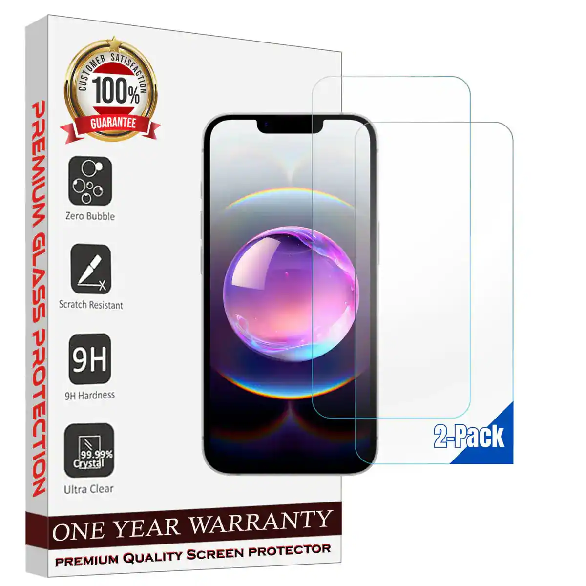 CUSTOMER 100% SATISFACTION GUARANTEE PREMIUM Zero Bubble GLASS Scratch Resistant 9H 9H Hardness PROTECTION ONE Ultra Crystal 99.99% Clear YEAR WARRANTY SCREEN PROTECTOR PREMIUM QUALITY 2-Pack