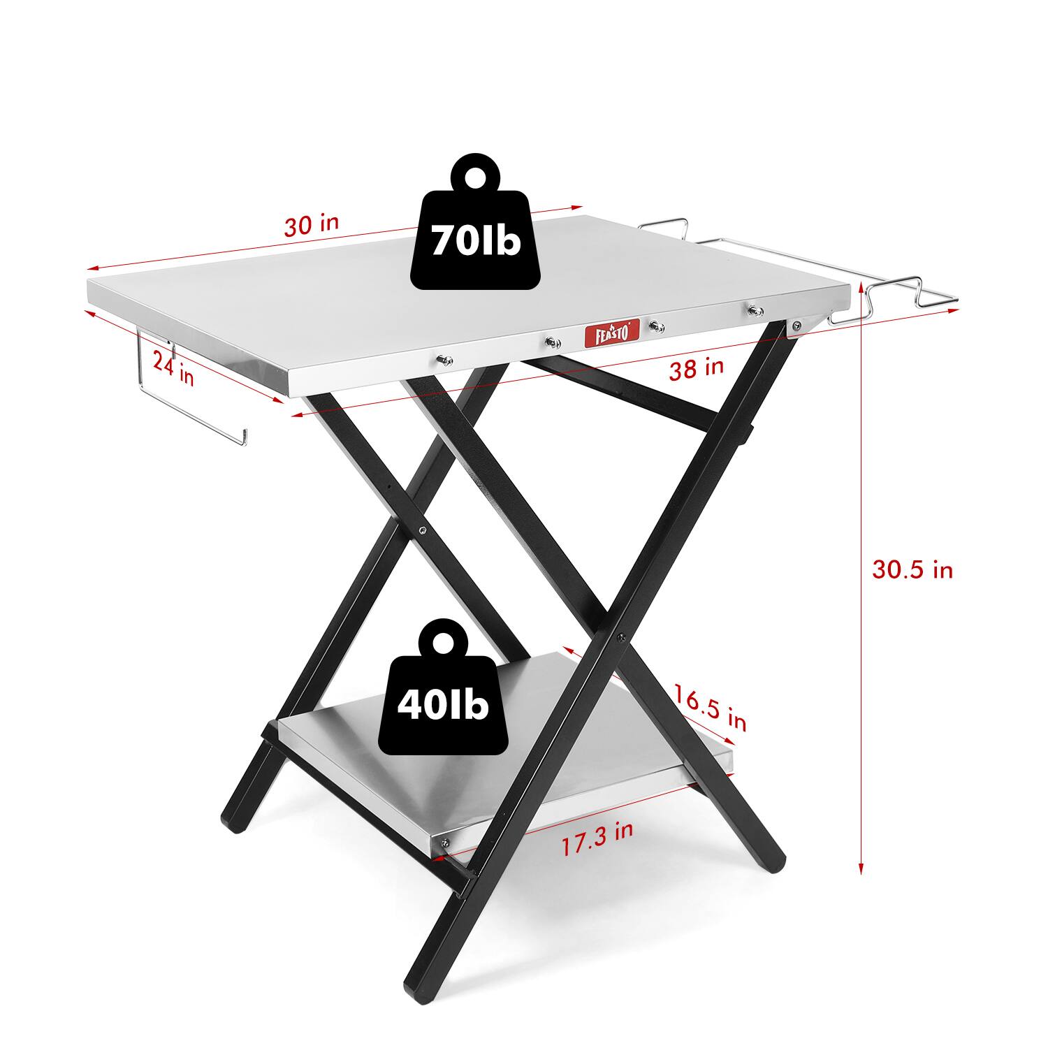 - Tabletop dimensions: 30 in x 38 in
- Tabletop weight capacity: 70 lb
- Shelf dimensions: 24 in x 30.5 in
- Shelf weight capacity: 40 lb
- Overall height: 16.5 in
- Shelf height from ground: 17.3 in