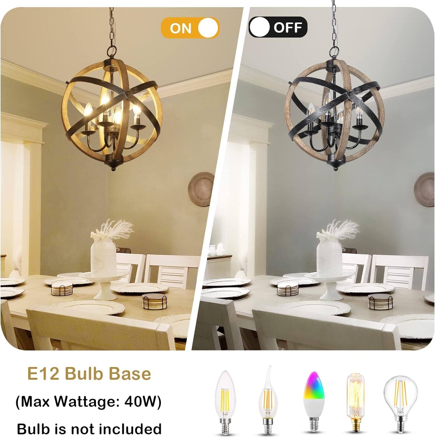 ON  
OFF  

E12 Bulb Base  
(Max Wattage: 40W)  
Bulb is not included