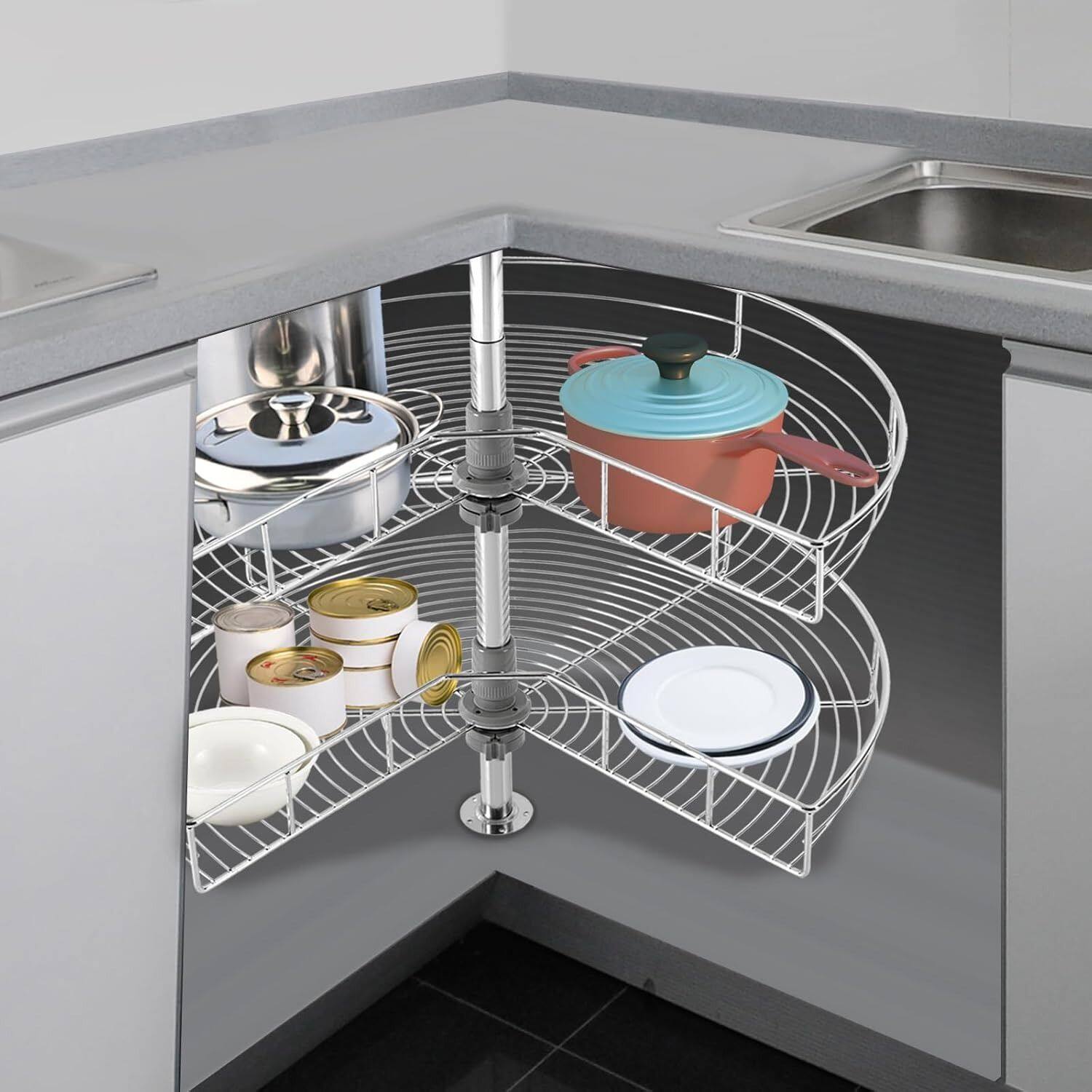 Back. Stock Preferred - 28" Kidney Shaped 2-Shelf Cabinet Corner Organizer Rack - Silver.