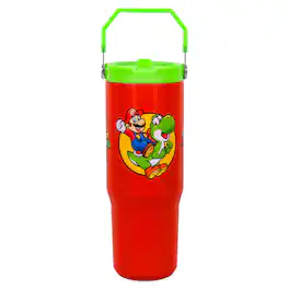 Pyramid America - Super Mario Bros. Mario and Yoshi 30-Ounce Flip Straw Stainless Steel Tumbler - Red