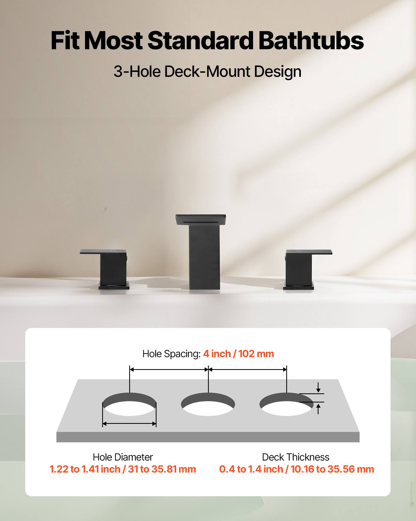 Fit Most Standard Bathtubs  
3-Hole Deck-Mount Design  

Hole Spacing: 4 inch / 102 mm  
Hole Diameter: 1.22 to 1.41 inch / 31 to 35.81 mm  
Deck Thickness: 0.4 to 1.4 inch / 10.16 to 35.56 mm