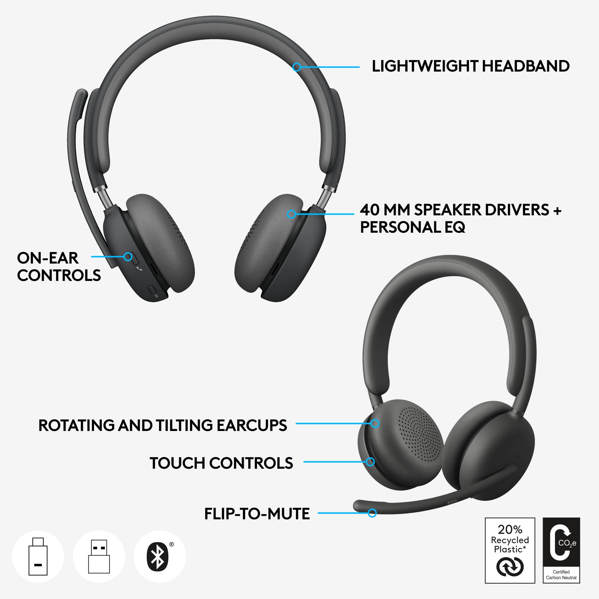 LIGHTWEIGHT HEADBAND 40 M SPEAKER DRIVERS + PERSONAL EQ ON-EAR CONTROLS ROTATING AND TILTING EARCUPS TOUCH CONTROLS FLIP-TO-MUTE 20% Recycled Plastic*